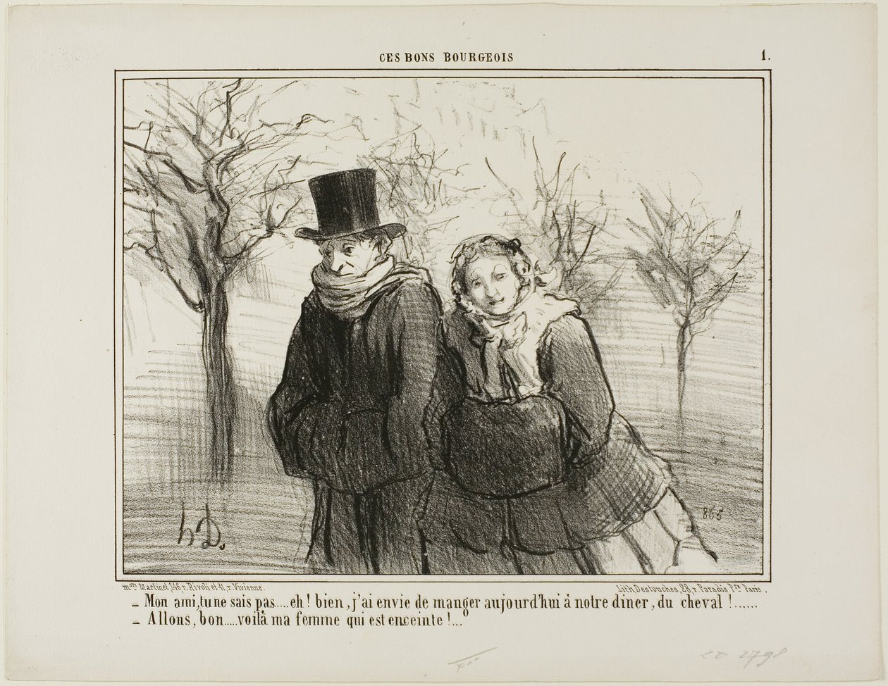"Weet je schat, je zult het nooit geloven, maar ik denk dat ik graag wat paardenvlees zou willen eten vanavond! - Daar gaan we.... mijn vrouw moet zwanger zijn!," plaat 1 uit Ces Bons Bourgeois door Honoré Victorin Daumier