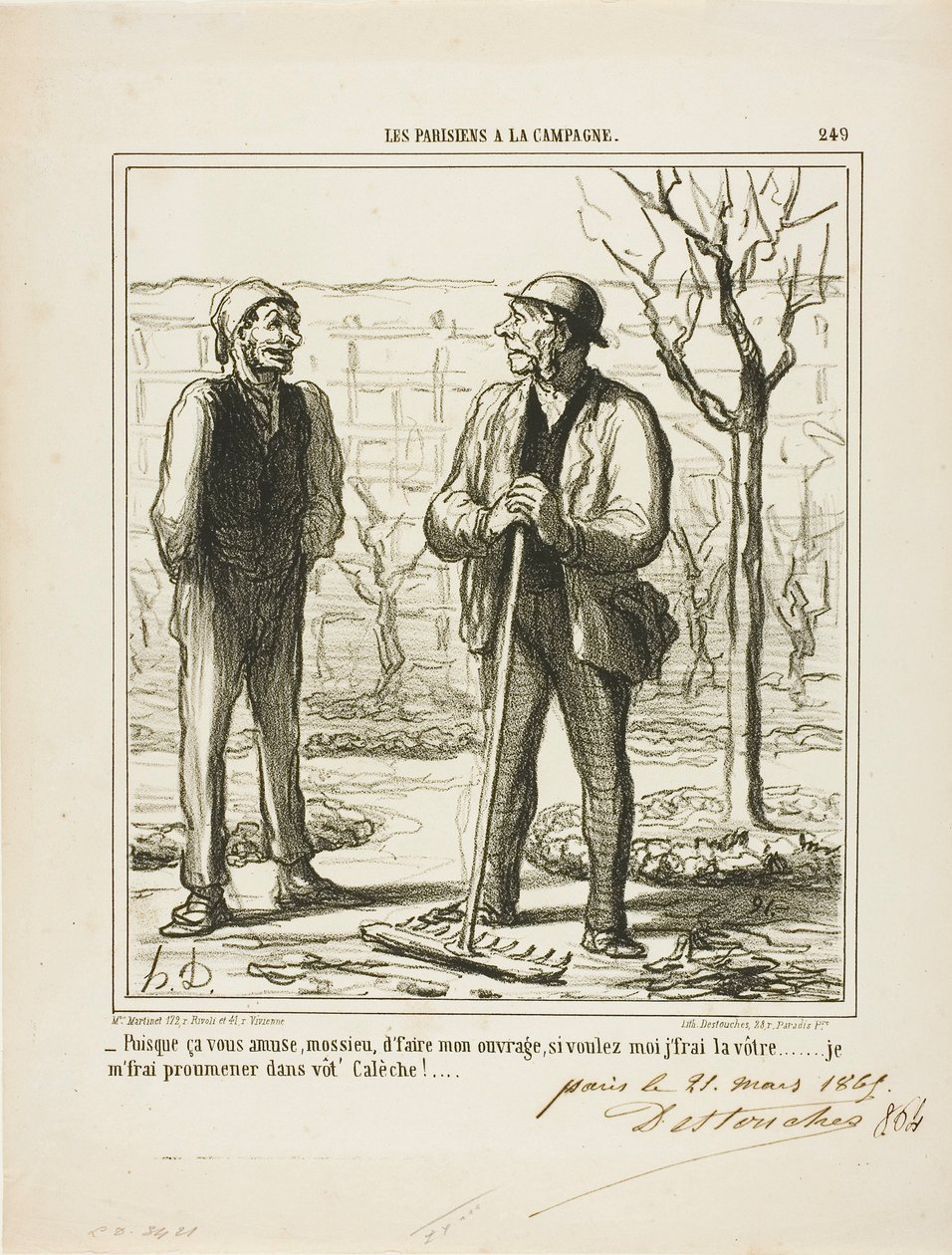 "- Je lijkt het leuk te vinden om mijn werk te doen. In ruil zou ik kunnen aanbieden om jouw werk te doen: Ik zal een ritje maken in uw koets!", plaat 249 uit Les Parisiens A La Campagne door Honoré Victorin Daumier