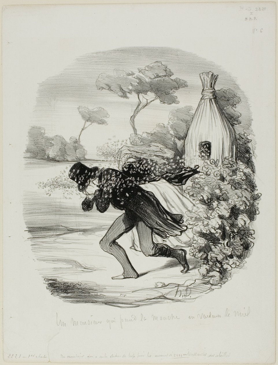 A Gentleman Who Wanted to Study the Habits of Bees too Closely, plaat 6 uit Pastorales door Honoré Victorin Daumier