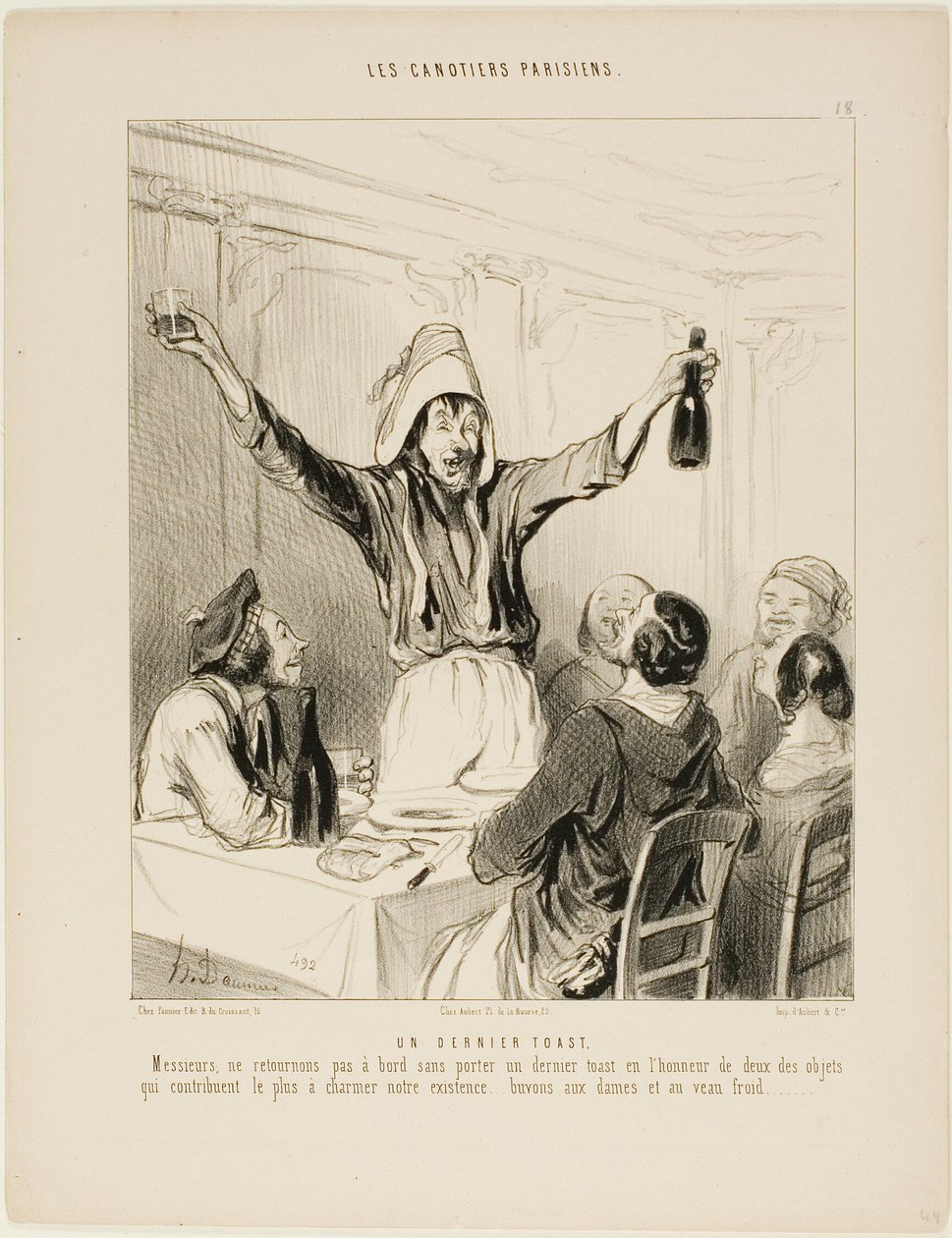 Een laatste toost! "Heren, laten we niet terugkeren aan boord zonder een laatste toast ter ere van de twee dingen die vooral charme aan ons leven geven... laten we drinken op de dames en op koud kalfsvlees!", bord 18 van Les Canotiers Parisiens door Honoré Victorin Daumier