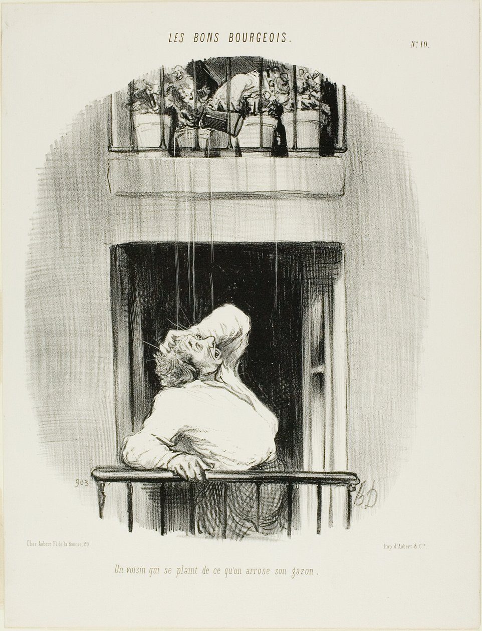 Een buurman die klaagt over het besproeien van zijn gazon, plaat tien uit Les Bons Bourgeois door Honoré Victorin Daumier