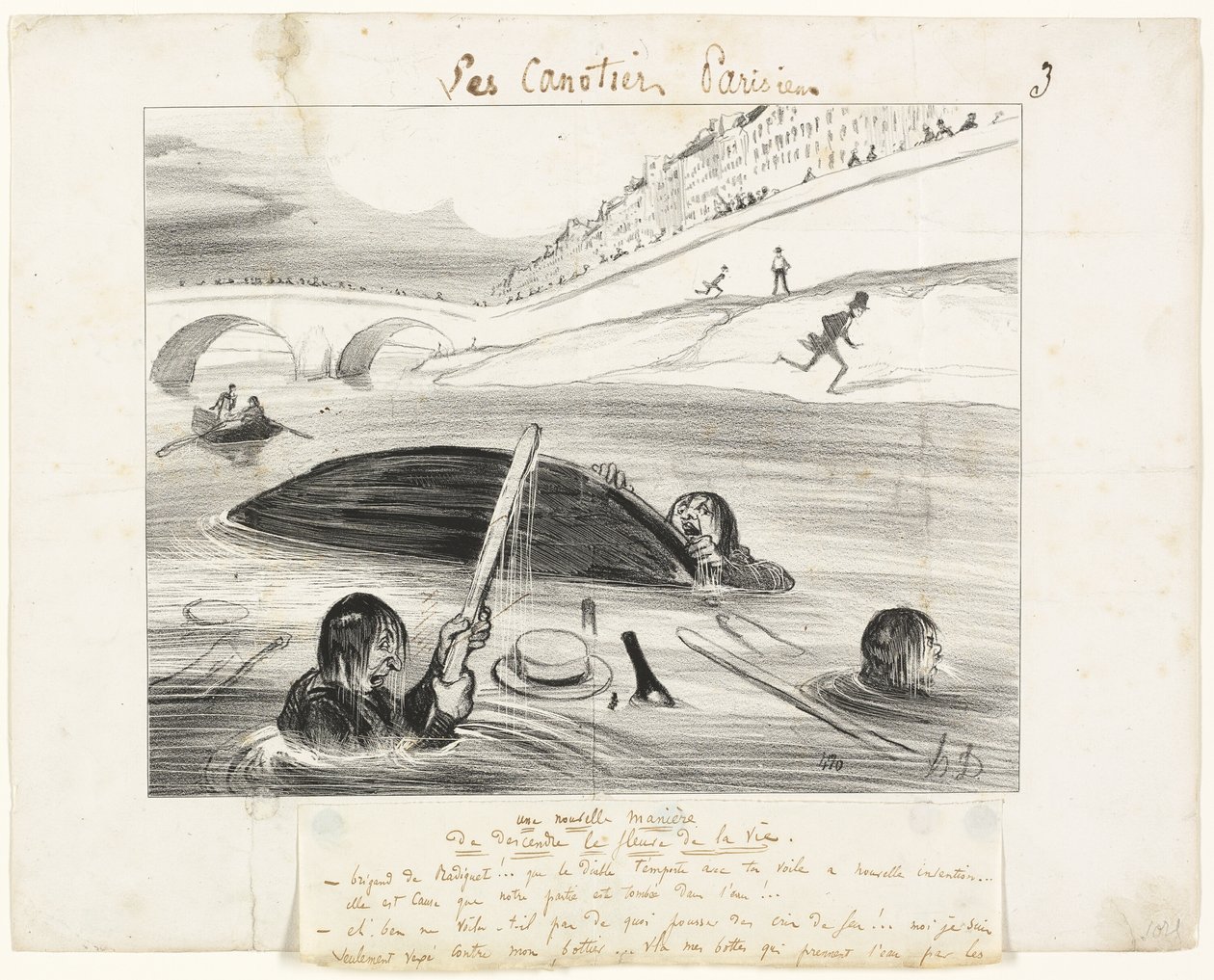 Een nieuwe manier om de rivier van het leven af te drijven, plaat drie van Les Canotiers Parisiens door Honoré Victorin Daumier