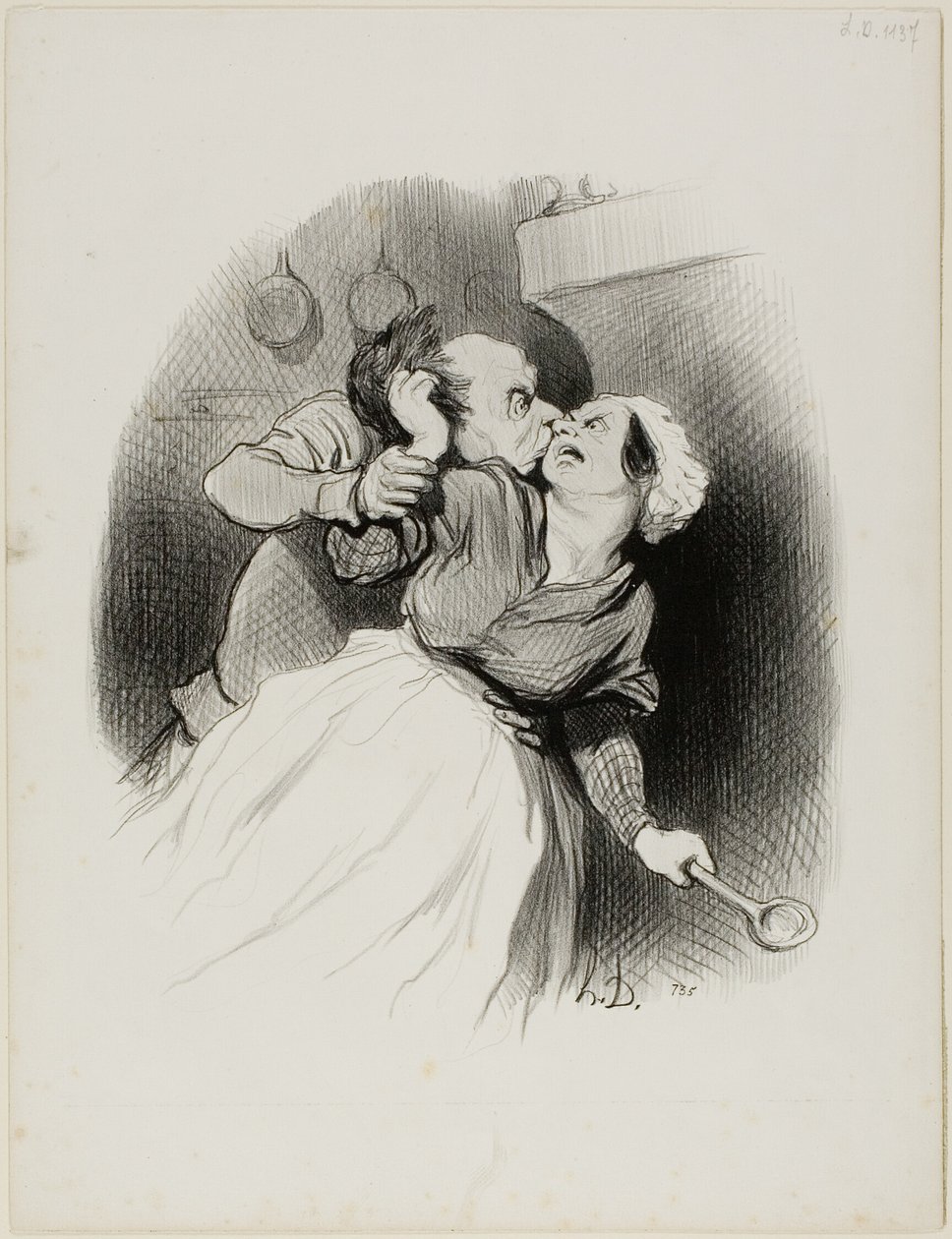 Een terugkeer van de jeugd. "Schreeuw zoveel je wilt, jij kleine duivel.... mijn vrouw is niet thuis.... scheur mijn haar uit naar hartelust!," plaat 50 uit Les beaux Jours de la vie door Honoré Victorin Daumier