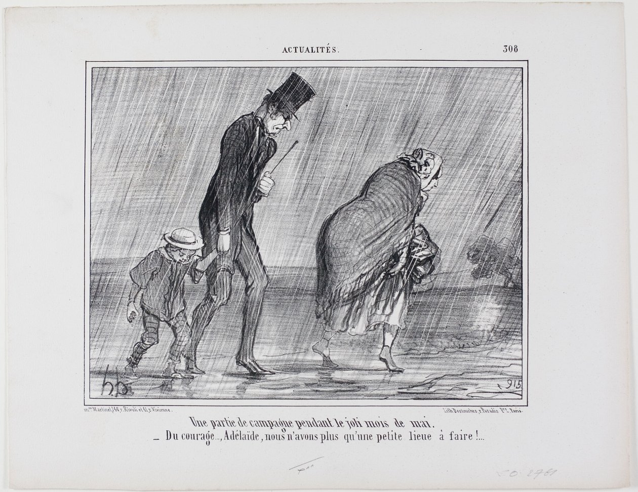 Een uitstapje naar het platteland tijdens de mooie maand mei. "Moed... Adelaïde het is gewoon nog een competitie te gaan," bord 308 van Actualités door Honoré Victorin Daumier