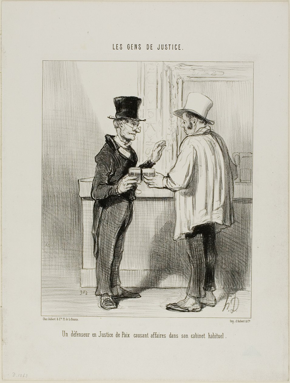 Een advocaat van de verdediging bij het Hof van Arbitrage bespreekt zaken in zijn gebruikelijke kantoorruimte, plaat 27 uit Les Gens De Justice door Honoré Victorin Daumier