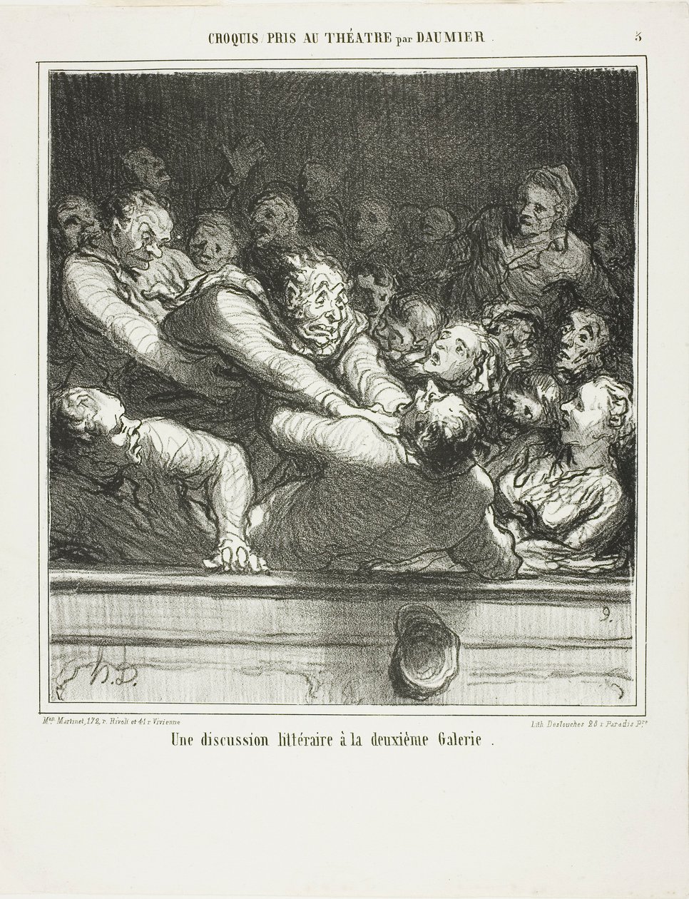 Een literair betoog op de tweede rij, plaat 3 uit Croquis Pris Au Théatre par Daumier door Honoré Victorin Daumier