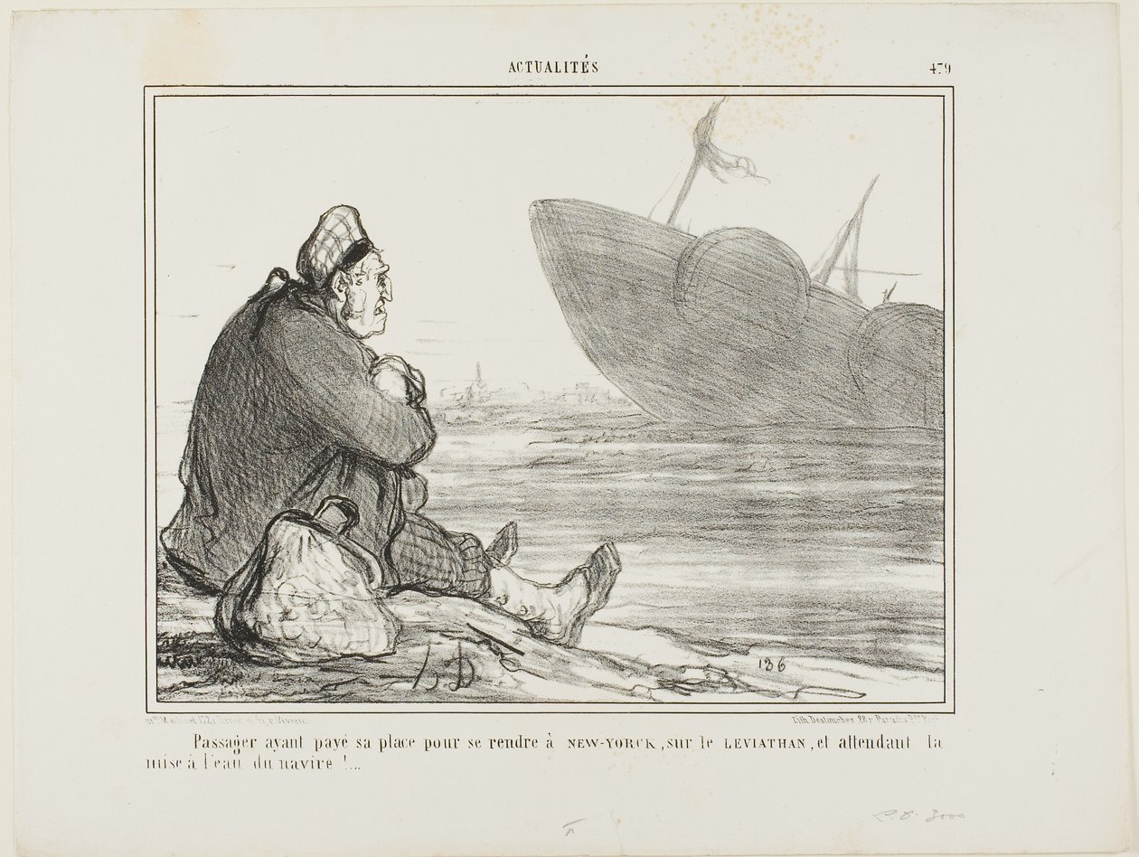 Een passagier die zijn ticket naar NEW YORK op de LEVIATHAN heeft betaald, wacht tot het schip eindelijk te water wordt gelaten, plaat 479 uit Actualités door Honoré Victorin Daumier