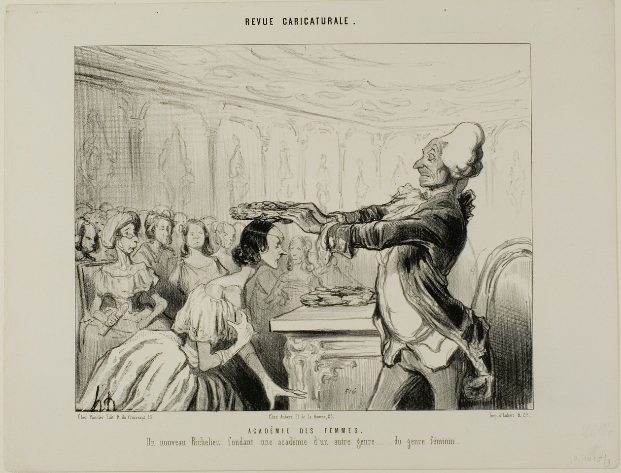 Academie van de vrouw. Een nieuwe Richelieu, die een nieuwe Academie opricht van een ander soort .... van het vrouwelijke geslacht, plaat 33 uit Revue Caricatureale door Honoré Victorin Daumier