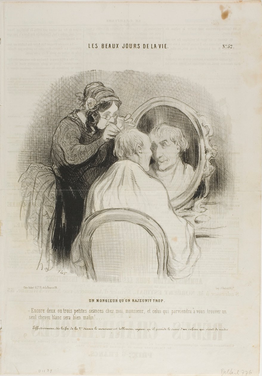 Een overdreven verjonging. "Slechts twee of drie sessies met mij, Monsieur, en iedereen die nog steeds beweert een grijze haar op u te vinden, is een kwaadwillend persoon." In feite, sinds het einde van de tweede sessie, ziet Monsieur