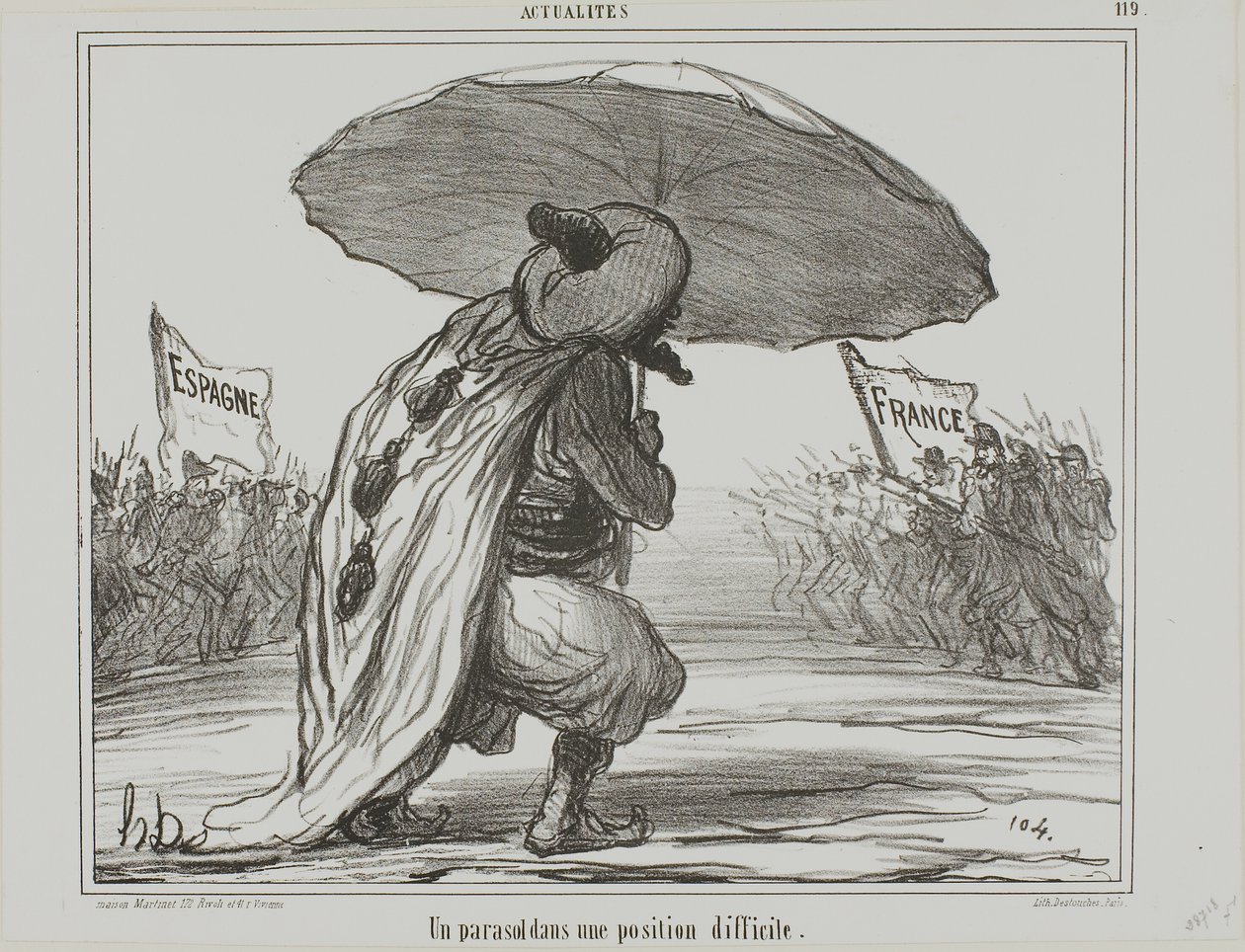 Een paraplu in een moeilijke positie, plaat 119 van Actualités door Honoré Victorin Daumier