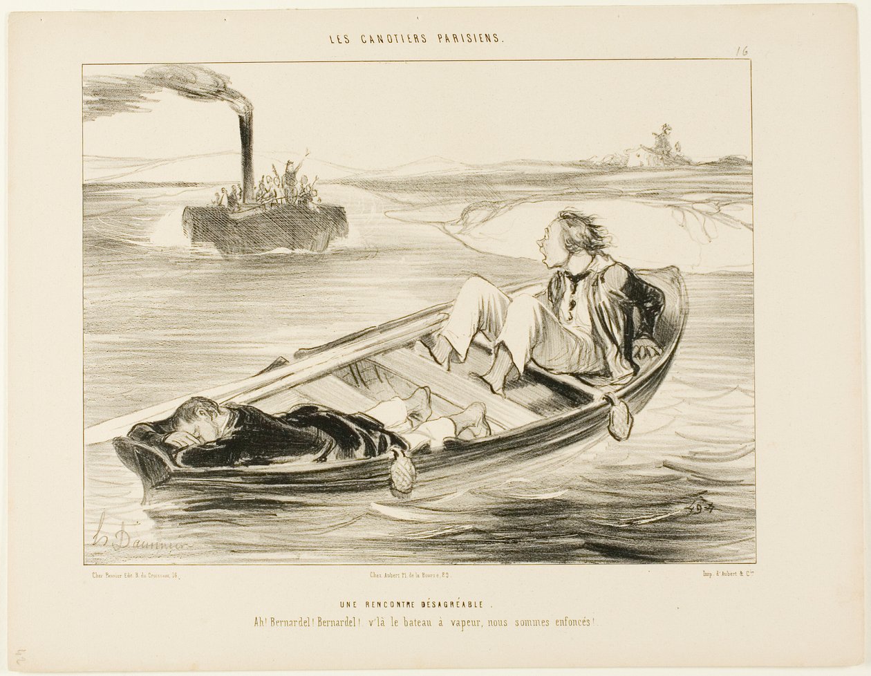 Een onaangename ontmoeting. "Bernardel, Bernardel! Hier komt de stoomboot... we zullen zinken!", plaat 16 uit Les Canotiers Parisiens door Honoré Victorin Daumier