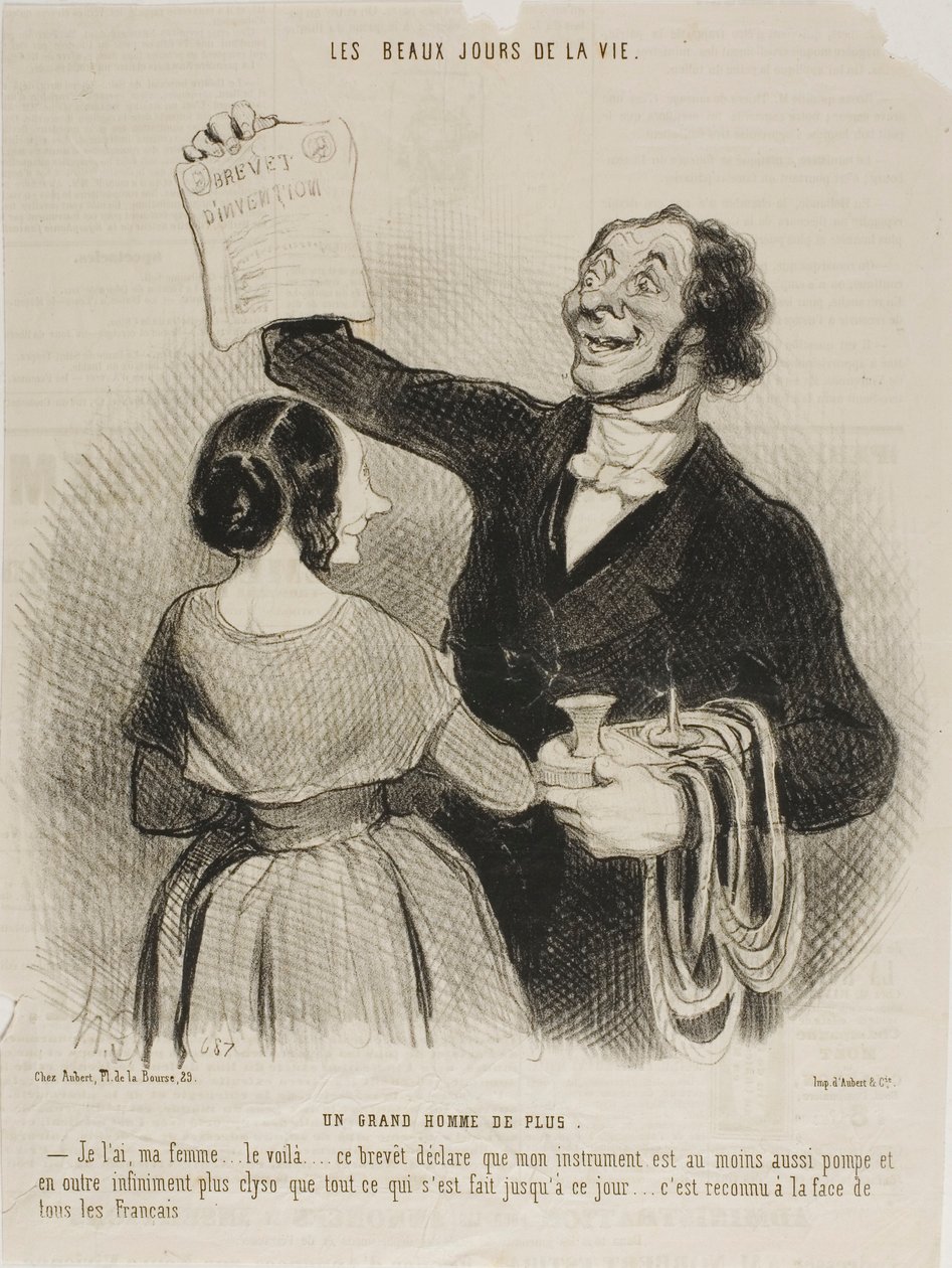 Een andere grote man. "Ik heb het in mijn hand, mijn liefste... hier staat het op schrift.... dit document bevestigt dat mijn uitvinding een goed gepompte en oneindig veel clysterischer machine is dan alles wat tot nu toe is uitgevonden... alle Fransen moe door Honoré Victorin Daumier