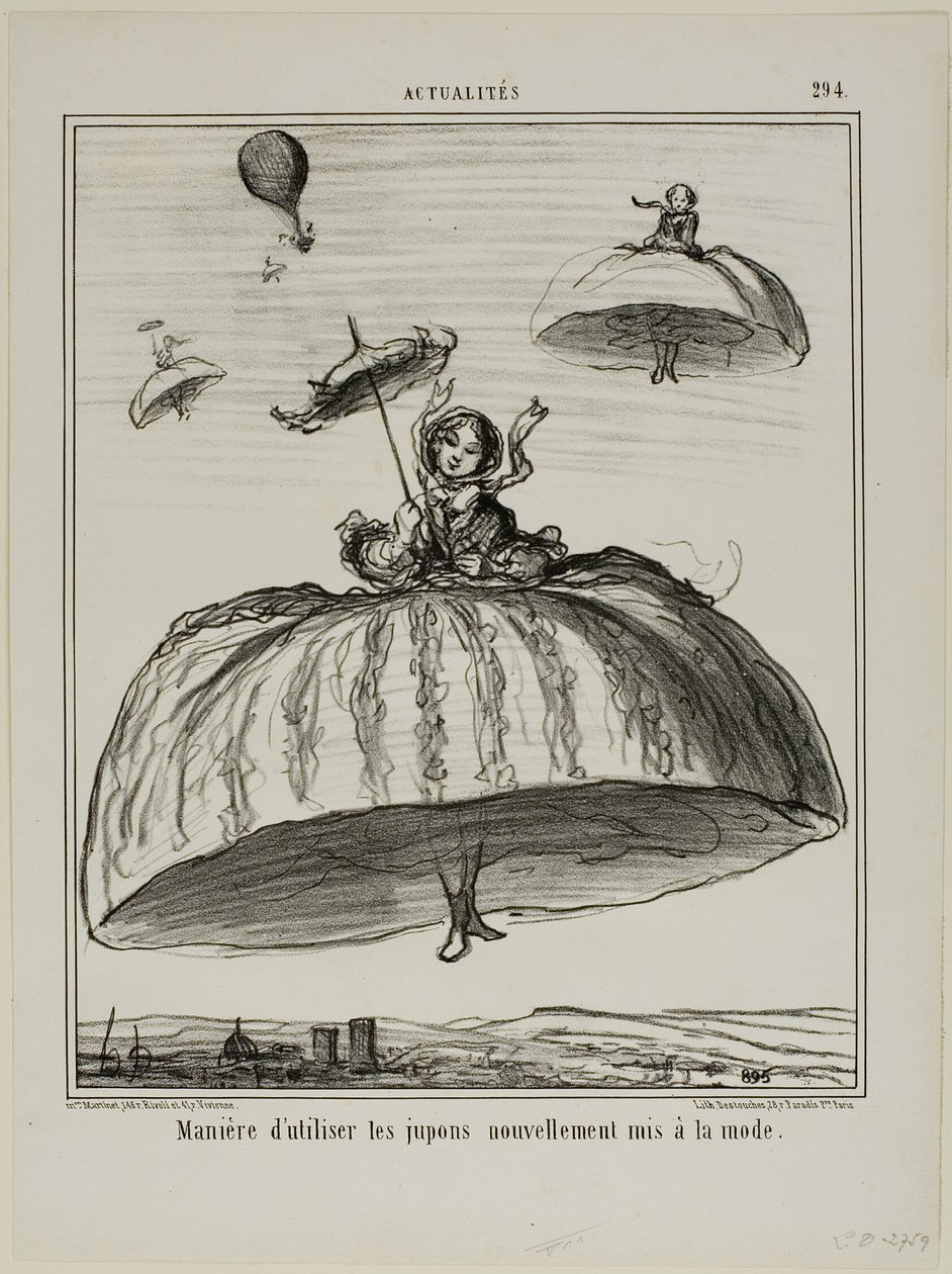 Een andere manier om gebruik te maken van de nieuwe petticoats die de laatste tijd in de mode zijn, plaat 294 uit Actualités door Honoré Victorin Daumier