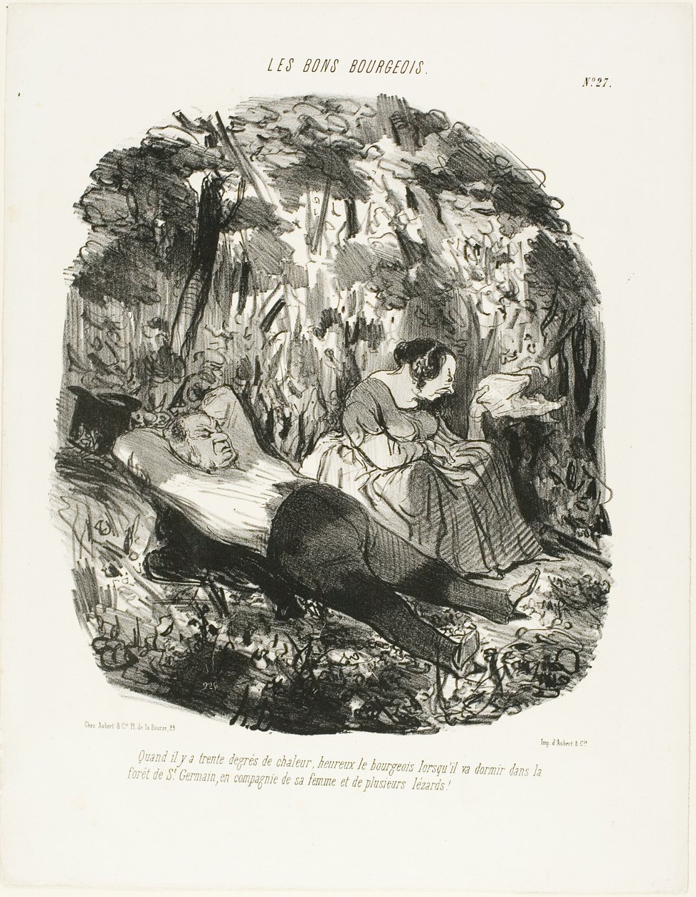 Bij 30°C, gelukkig hij die kan ontsnappen en snoozen in het bos van Saint-Germain vergezeld van zijn vrouw en een paar hagedissen, plaat 27 van Les Bons Bourgeois door Honoré Victorin Daumier