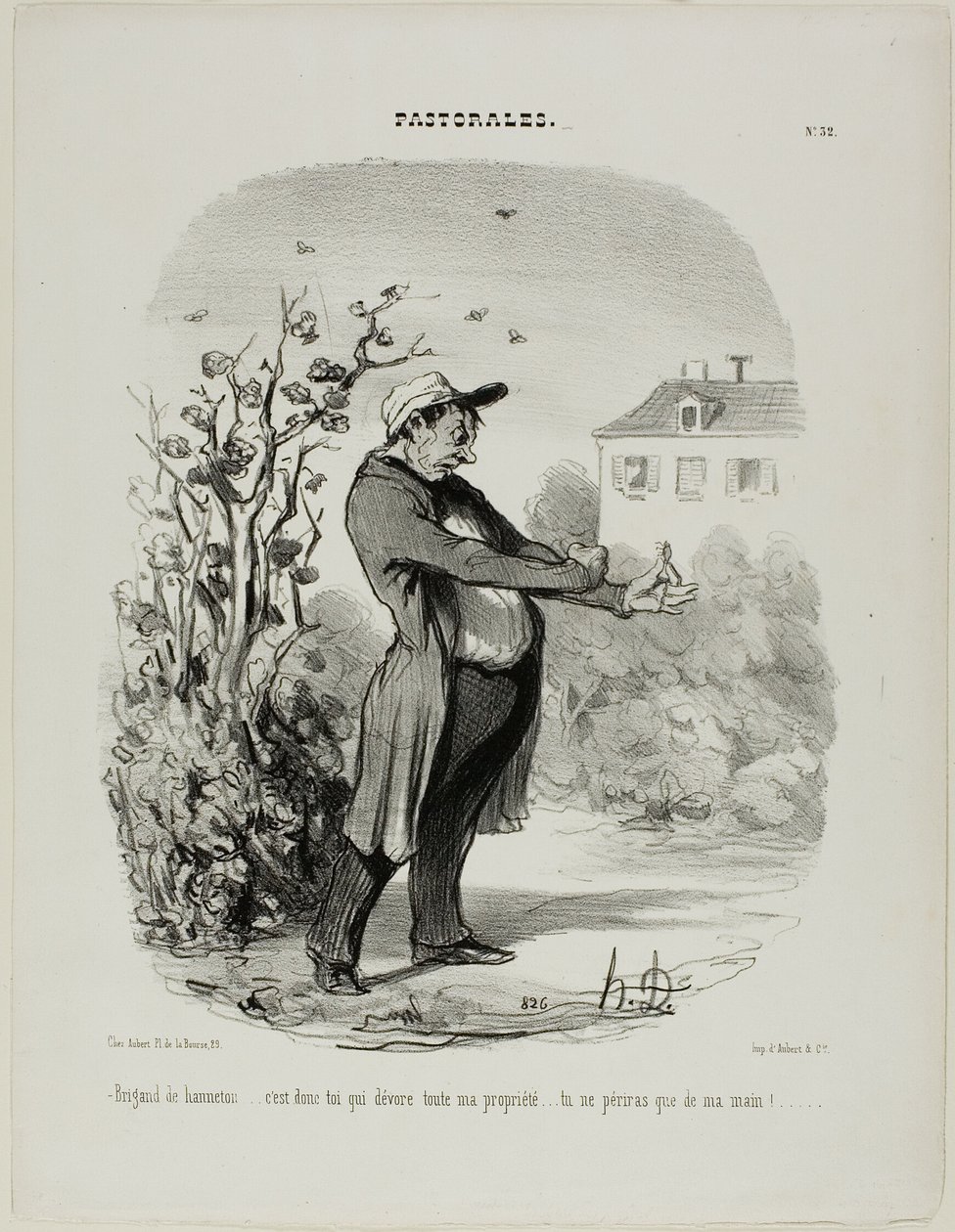 "Brigand van een meikever... jij bent het die al mijn bezittingen verslindt. Je zult vergaan door mijn hand!", plaat 32 uit Pastorales door Honoré Victorin Daumier