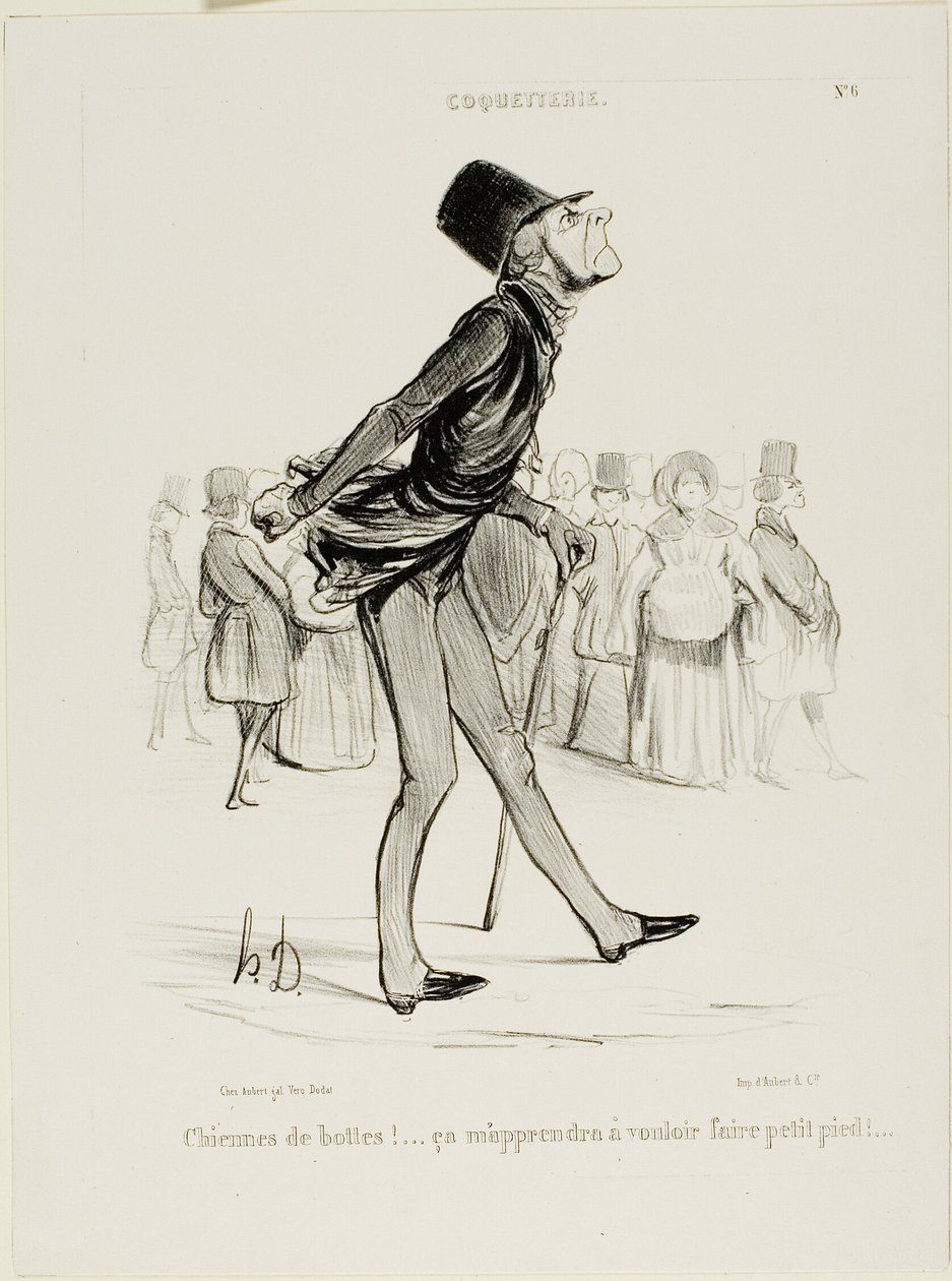 Verdomde laarzen! Dat zal me leren kleinere stappen te nemen..." plaat 6 van Coquetterie door Honoré Victorin Daumier