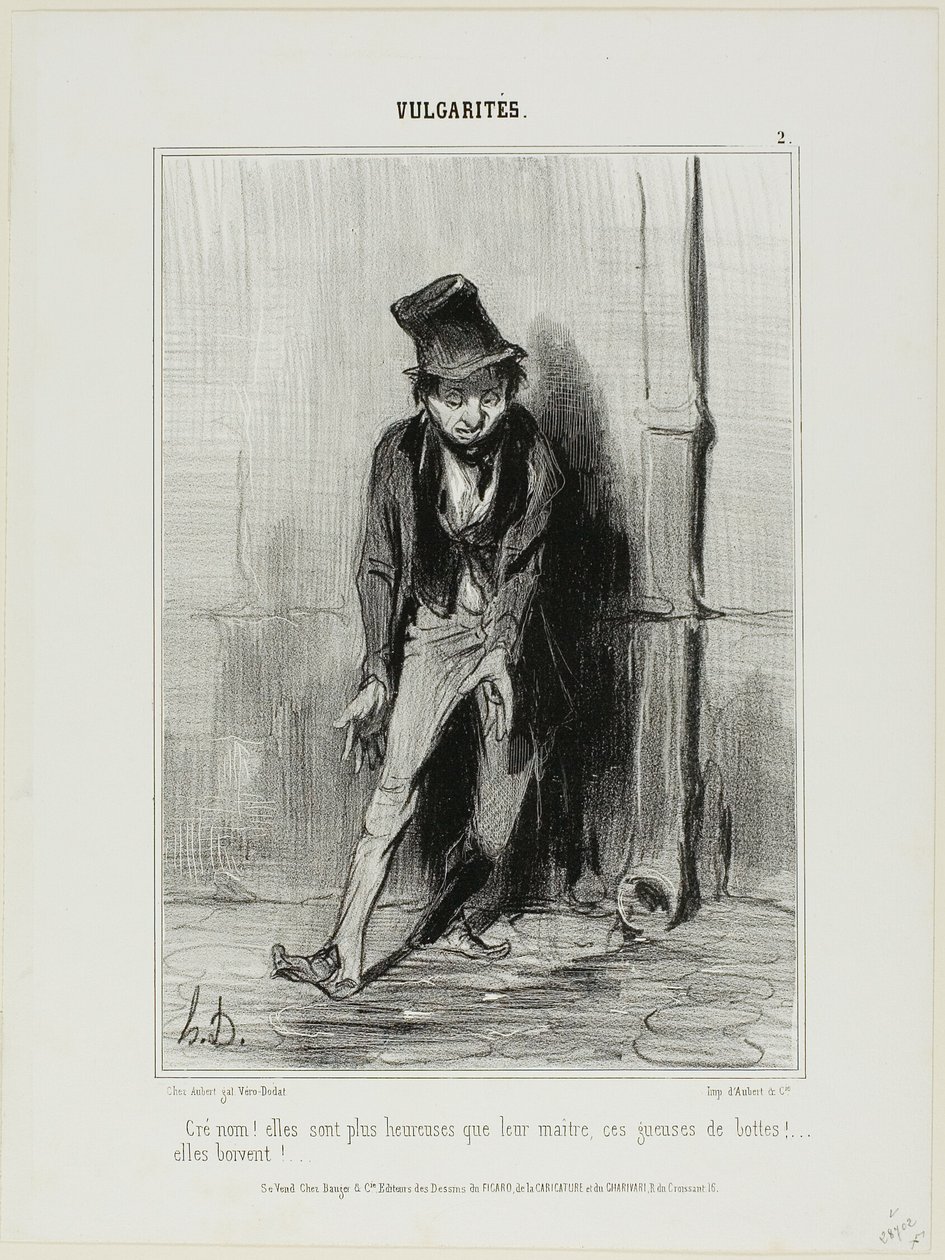 "Verdomme! Ze zijn gelukkiger dan hun meester.... deze krengen van laarzen... ze drinken!," plaat 2 uit Vulgarités door Honoré Victorin Daumier