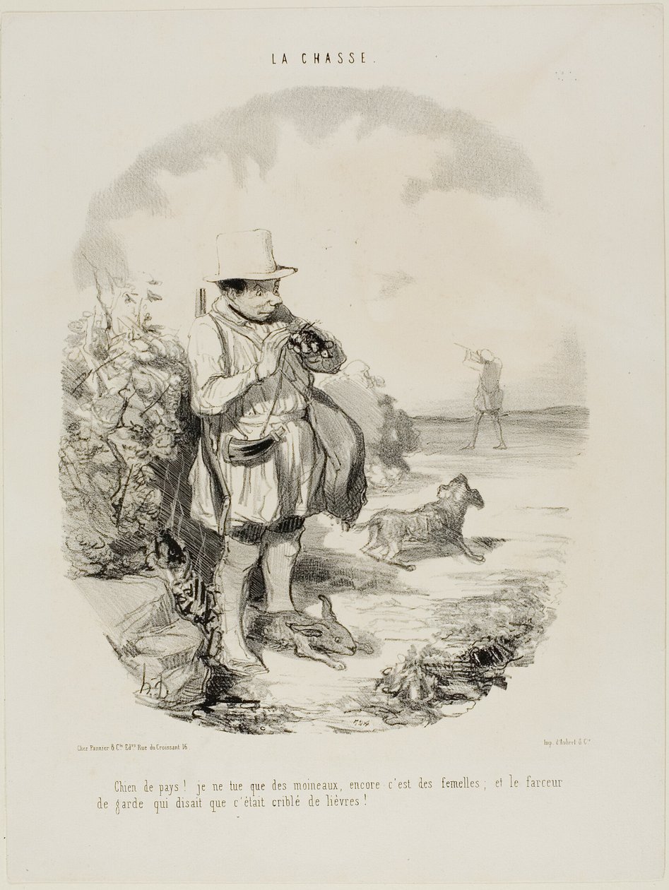 "Verdomd land! Ik schiet alleen mussen.... en alleen vrouwtjes... en deze geniale bewaker stond erop dat het hier vol konijnen zat," plaat 5 van La Chasse door Honoré Victorin Daumier