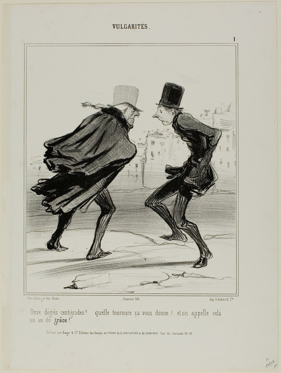 "Elf graden Celsius! Kijk eens hoe je eruit ziet! En dit wordt het genadejaar genoemd!", plaat 1 uit Vulgarités door Honoré Victorin Daumier