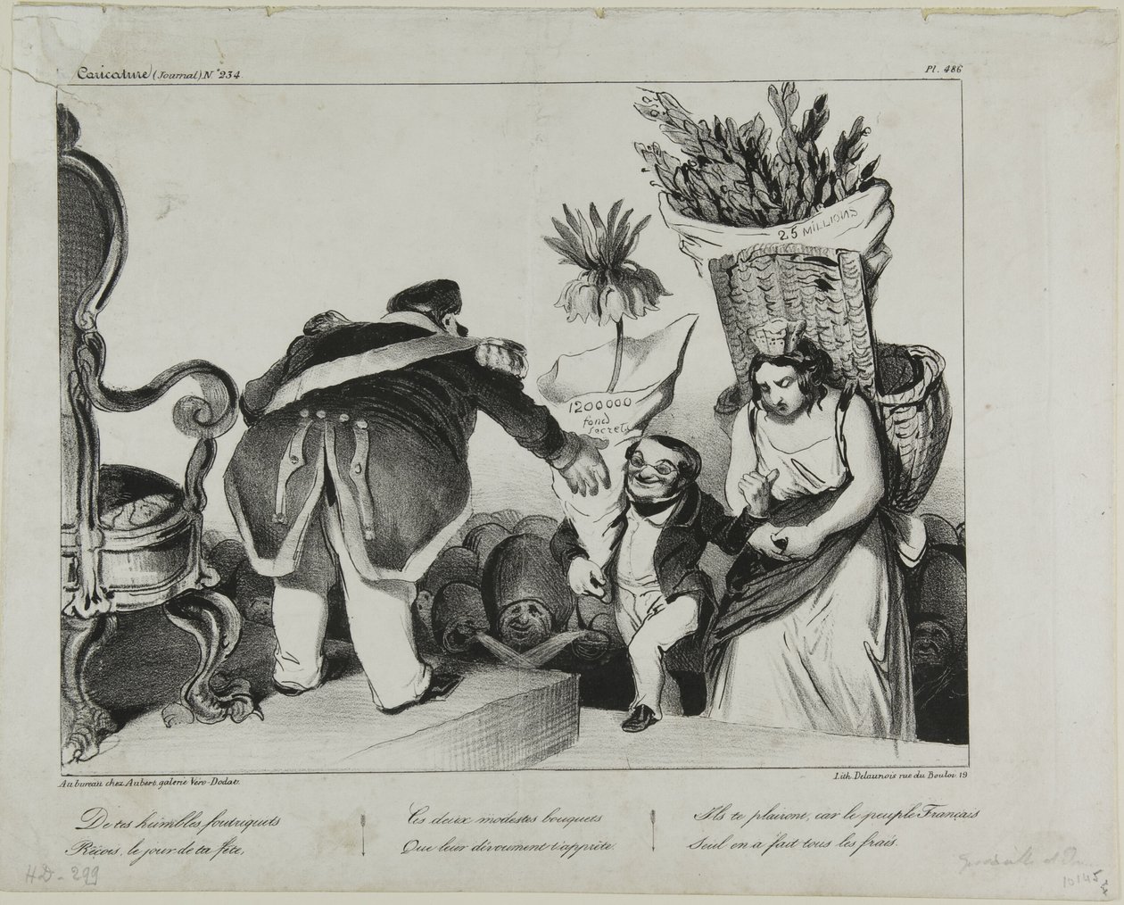 "Van uw gehoorzame onderdanen ontvangt u op uw eredag deze twee bescheiden bossen bloemen. Ze zullen u verheugen, want alleen het Franse volk heeft de kosten op zich genomen." plaat 486 door Honoré Victorin Daumier