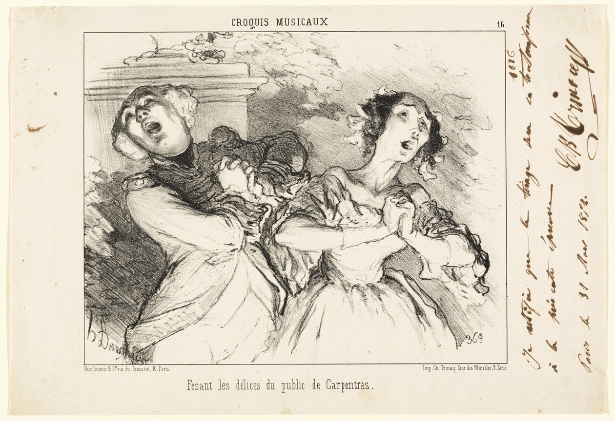 De geneugten van Carpentras aan het publiek laten zien, plaat 16 van Croquis Musicaux door Honoré Victorin Daumier