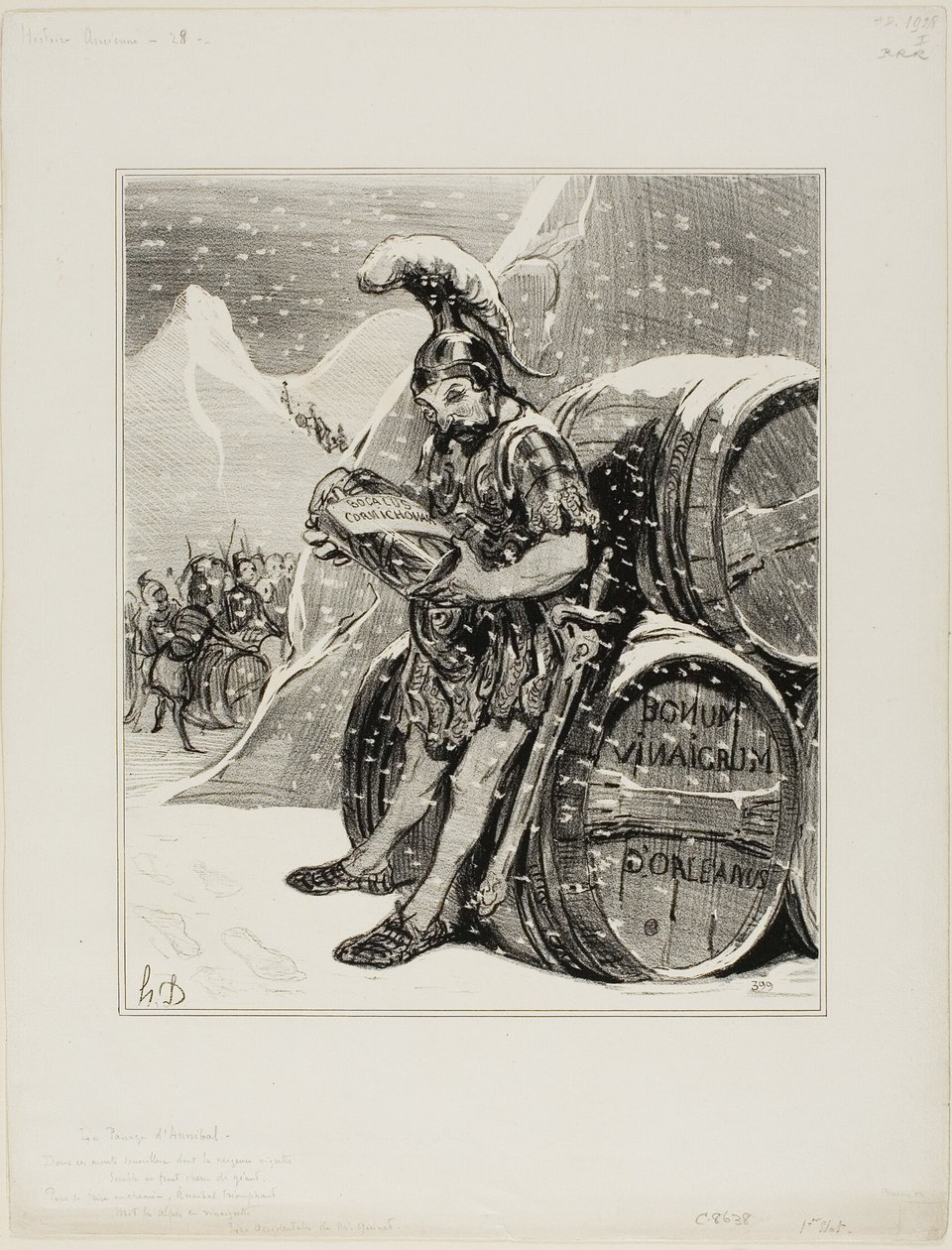 De oversteek van Hannibal. Deze hoge bergen waar de sneeuwtoppen lijken op het witte voorhoofd van een reus, beven om een weg te smeden, met een triomfantelijk lied veranderde Hannibal de Alpen in cornichon. (Les Occidentals door Mr. Quinet), plaat 28 uit  door Honoré Victorin Daumier