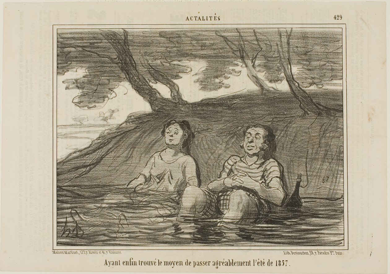 Na eindelijk de oplossing te hebben gevonden om de zomer van 1857 op een aangename manier door te brengen, plaat 429 uit Actualités door Honoré Victorin Daumier