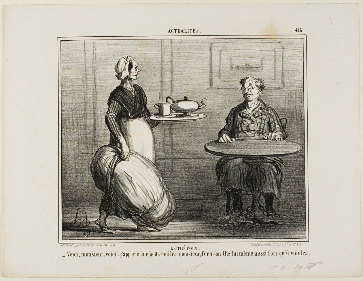 Kruidenthee. "- Alstublieft, meneer, ik dacht ik neem het hele pak hooi mee zodat u zelf kunt beslissen over de sterkte van uw thee," bord 416 van Actualités door Honoré Victorin Daumier