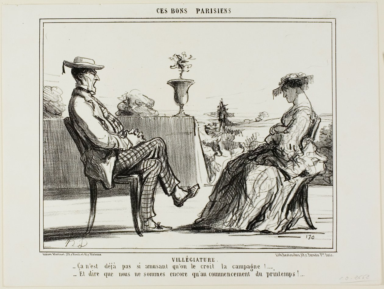 Vakantie op het platteland. "- Het leven op het platteland is echt niet zo vermakelijk, zoals ze allemaal zeggen. - En dan te bedenken dat de lente nog maar net begonnen is," plaat 14 uit Ces Bons Parisiens door Honoré Victorin Daumier