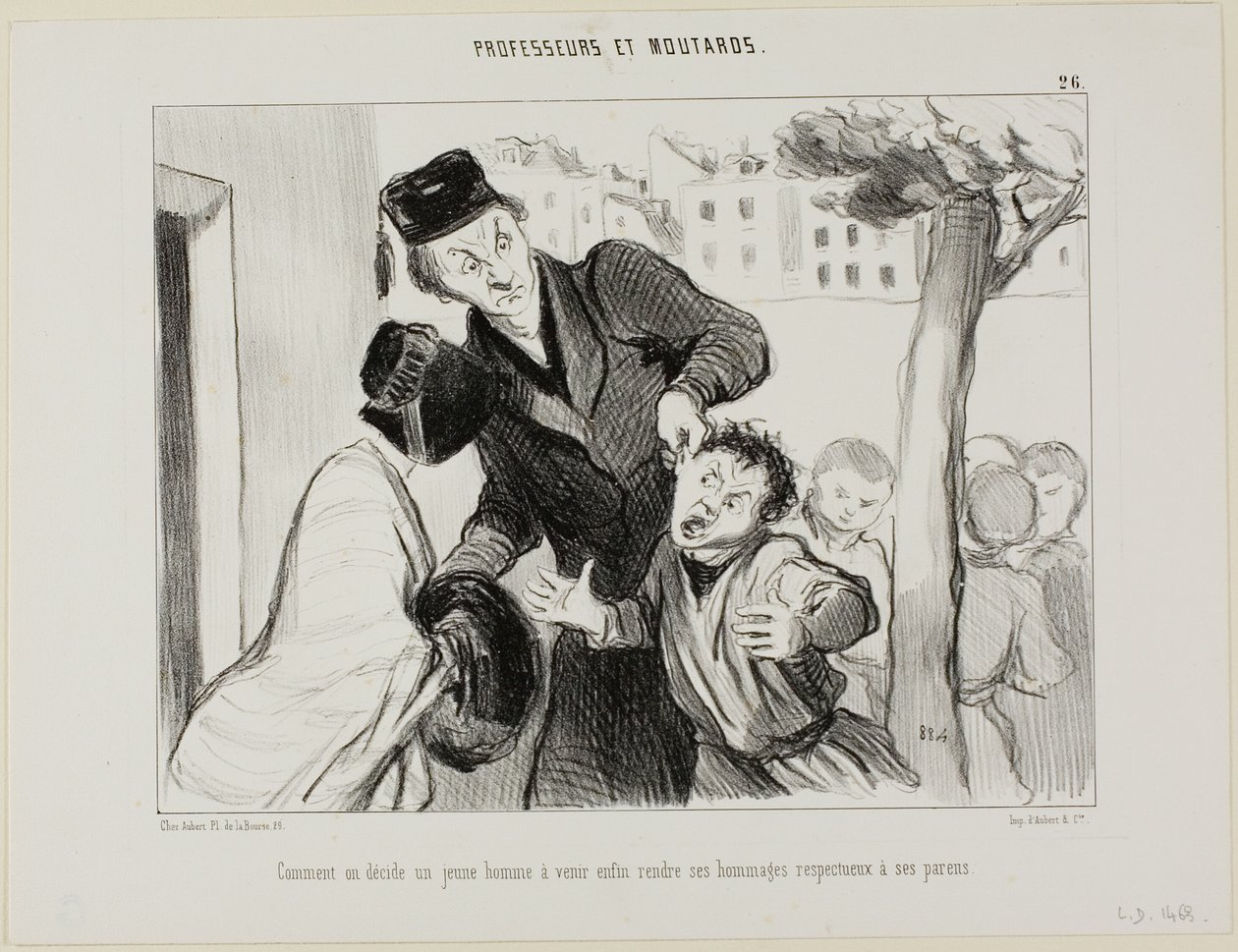 Hoe je een jongeman kunt overtuigen om eindelijk te leren zijn ouders te respecteren, plaat 26 uit Professeurs et Moutards (Professoren en deugnieten) door Honoré Victorin Daumier