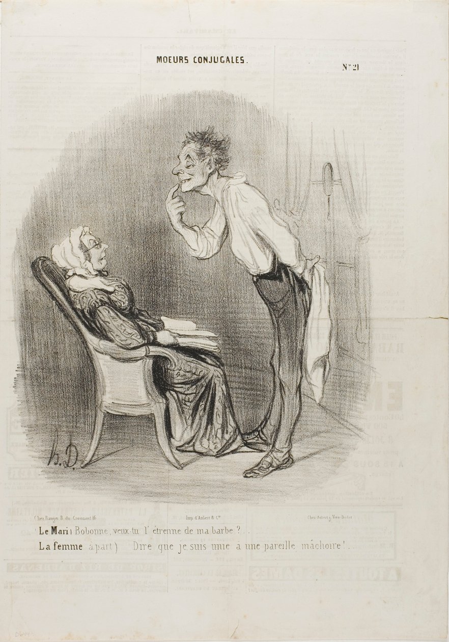 Echtgenoot: "Mijn liefste, wat dacht je van een eerste kus op mijn kin" De vrouw (terzijde): "En dan te bedenken dat ik met dit gezicht getrouwd ben!", plaat 21 uit Moeurs Conjugalesa door Honoré Victorin Daumier