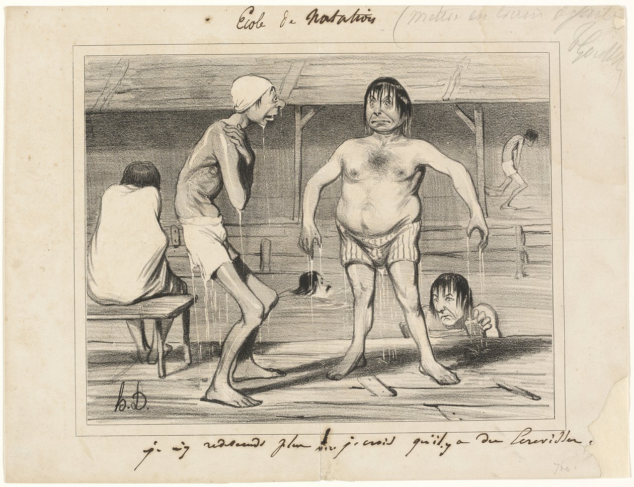 Ik ga daar niet meer naar binnen! - Ik denk dat daar rivierkreeften zitten..., plaat één van Les Baigneurs door Honoré Victorin Daumier