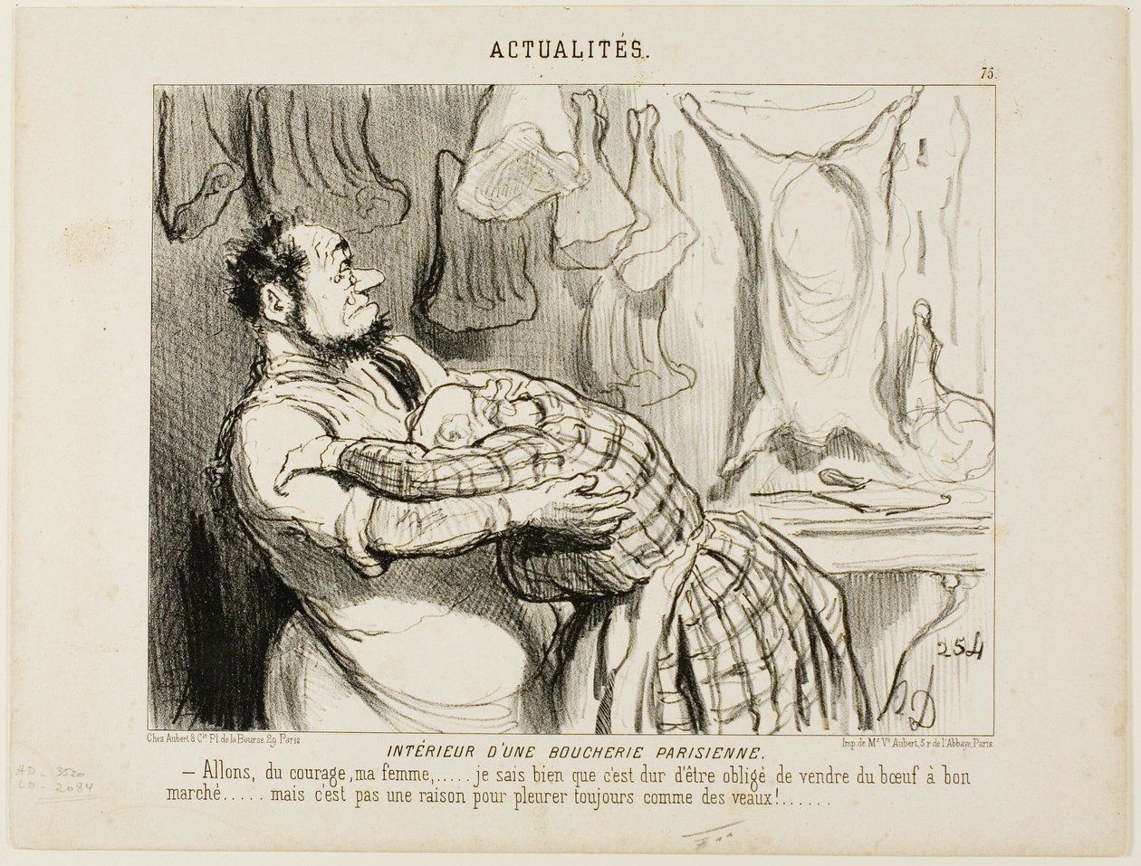 In een slagerij in Parijs. "Kom op mijn schat..... Ik weet dat het moeilijk is om ons rundvlees zo goedkoop te verkopen als dat....., maar dat is geen reden om te huilen als een kalf!," bord 75 van Actualités door Honoré Victorin Daumier