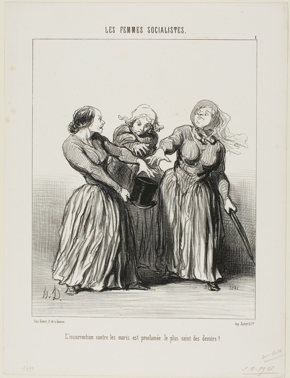 Opstand tegen echtgenoten wordt uitgeroepen tot de eerste en heiligste plicht in het leven!, plaat 1 uit Les Femmes Socialistes door Honoré Victorin Daumier