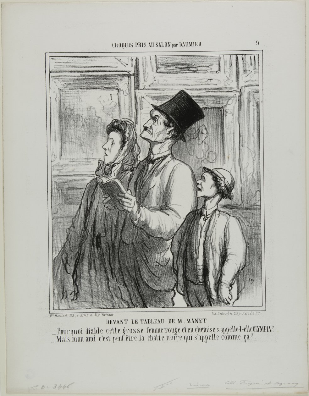 Kijken naar het schilderij van Manet. "Waarom heet die dikke vrouw met haar rode gezicht in haar nachthemd Olympia - Maar lieverd, misschien is dat de naam van de zwarte kat," plaat 9 uit Croquis Pris Au Salon par Daumier door Honoré Victorin Daumier