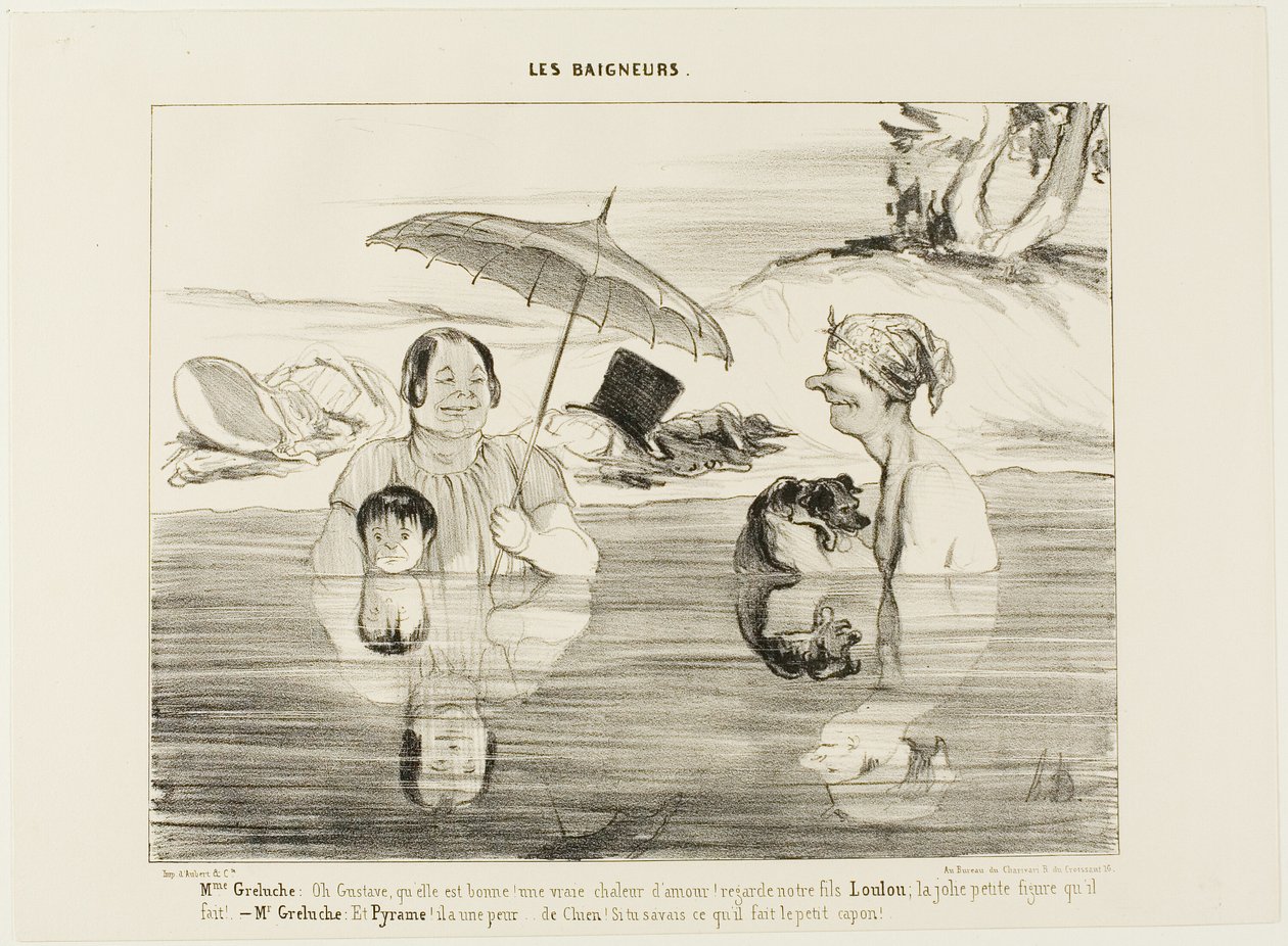 Madame Greluche: "Oh, Gustave, wat goed! Een echte weldadige warmte! Kijk naar onze zoon Loulou; wat een schattig gezichtje trekt hij!" Meneer Greluche: "En Pyramus, hij is bang, bang als een hond. Als je eens wist wat hij nu aan het doen is, de kleine deu door Honoré Victorin Daumier