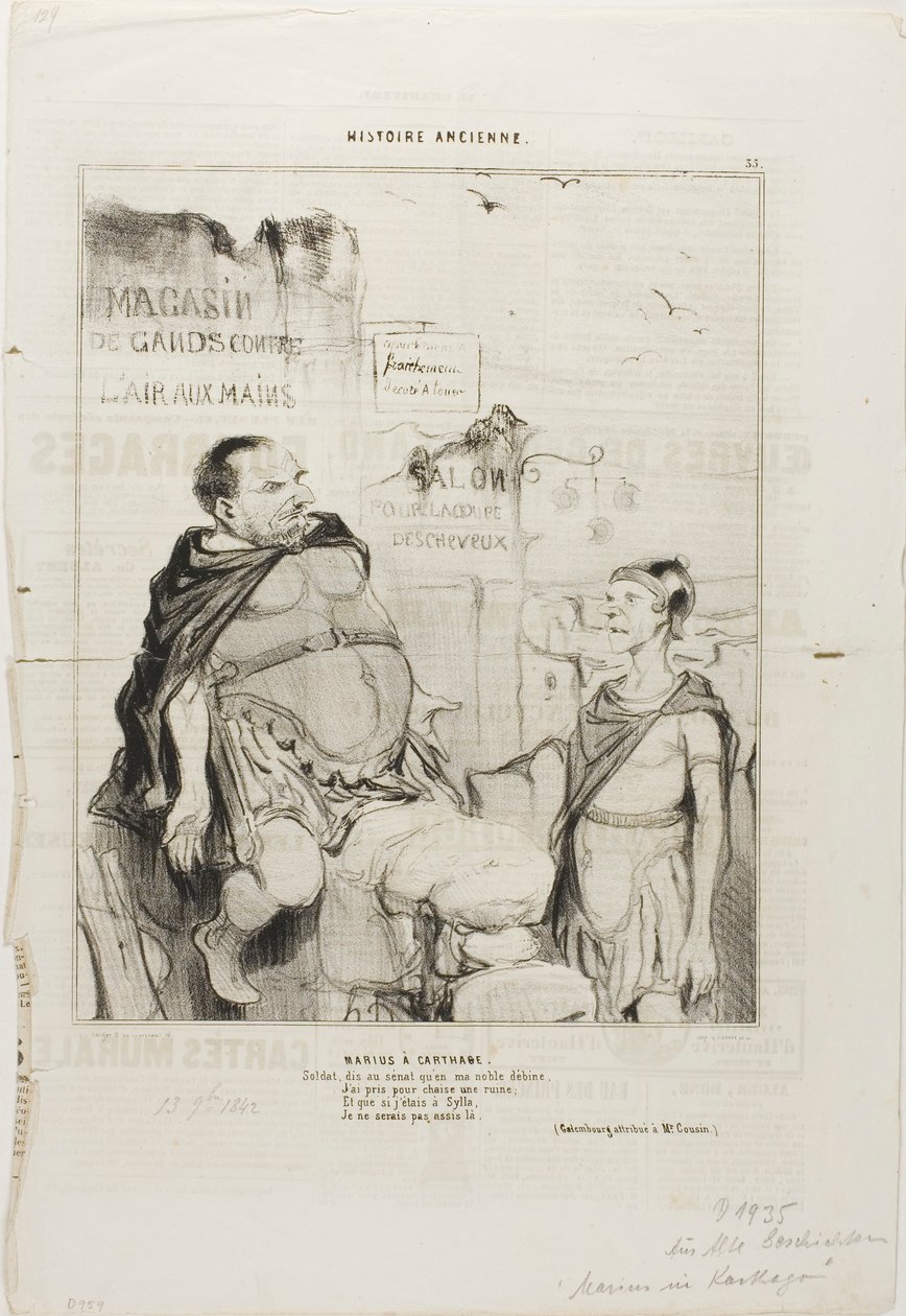 Marius in Carthago. Soldaat, zeg tegen de senaat dat ik in mijn nobele armoede een ruïne als stoel heb genomen En als ik in Sylla was, zou ik hier niet zitten. (Woordspeling toegeschreven aan M. Cousin), plaat 35 uit Histoire Ancienne door Honoré Victorin Daumier