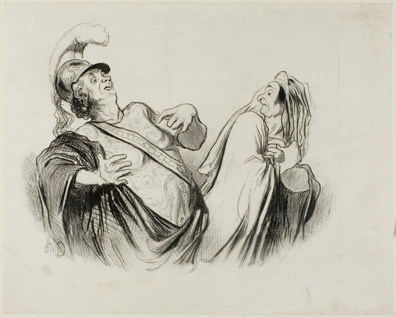 Merope. "Een soldaat van mijn statuur is heel goed in staat om de staat te besturen als die eenmaal met zoveel plezier is verdedigd," plaat 2 uit Physionomies Tragiques (recto); Provost. (in le Puff - Thtre Français) "Le Puff, est l