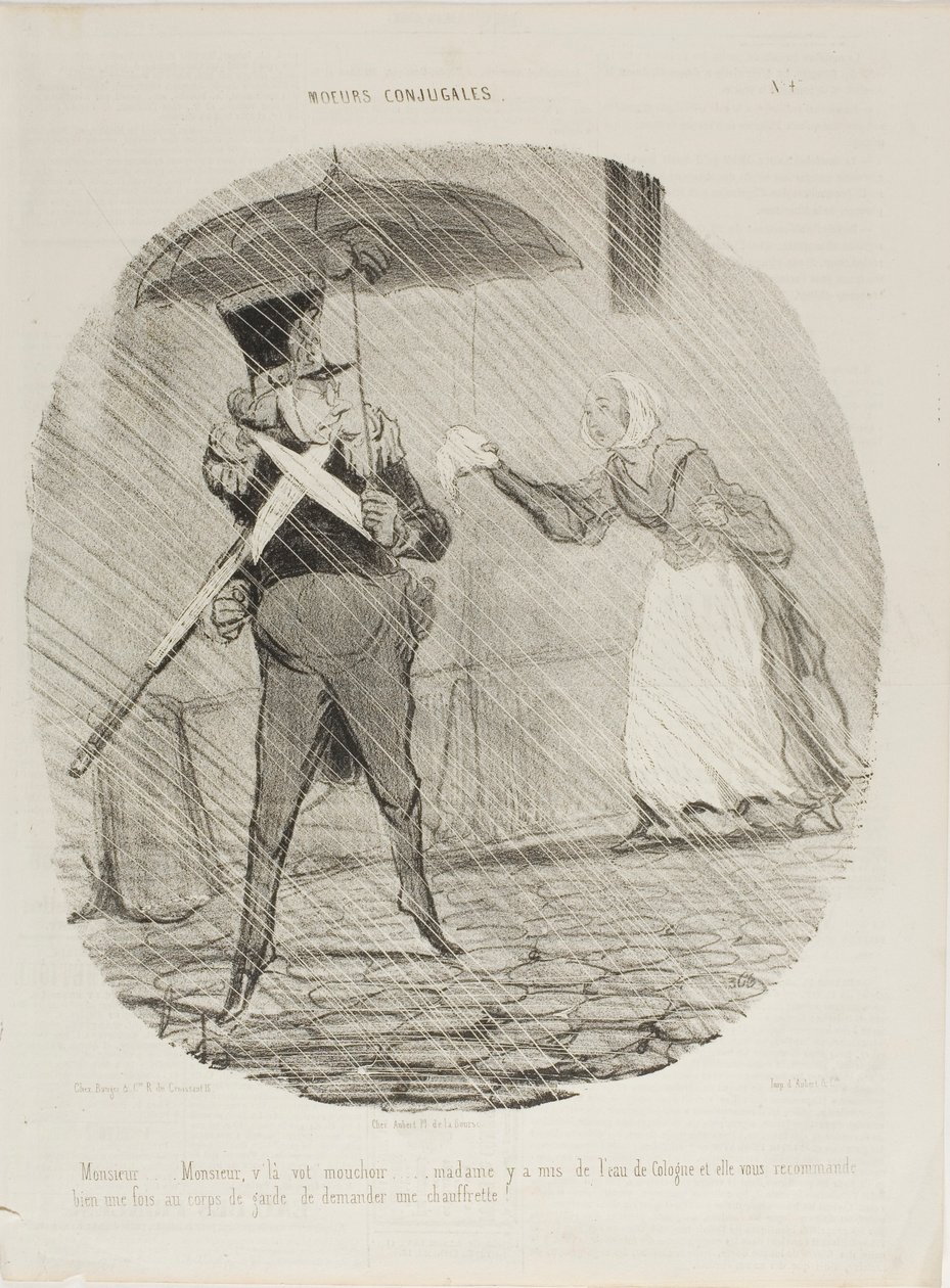 "Monsieur, Monsieur, hier is uw zakdoek. Madame heeft er wat Eau de Cologne op gedaan en ze zei dat u bij de bewaker moest vragen of u een voetenwarmer kon krijgen," plaat 47 uit Moeurs Conjugales door Honoré Victorin Daumier