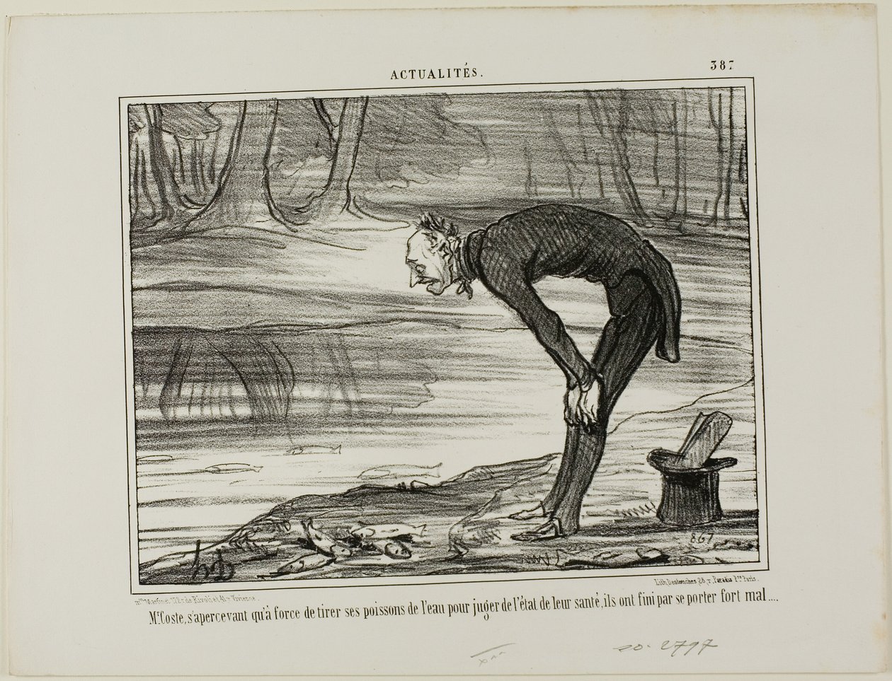 Mr. Coste merkt op dat de vissen die hij uit het water haalt om hun gezondheidstoestand te analyseren, zich uiteindelijk helemaal niet goed voelen, plaat 387 van Actualités door Honoré Victorin Daumier