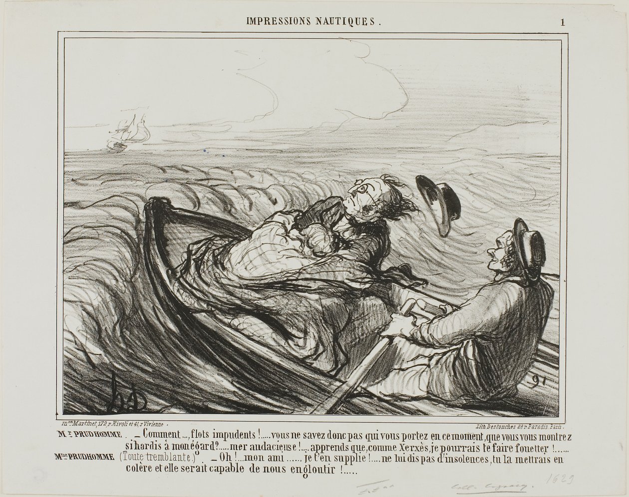 Mme Prudhomme: "- Stomme golven.... weet je wel wie je op dit moment bij je hebt... oh stoutmoedige... weet dat ik je, net als Xerxes, vreselijk zal afranselen. Mme Prudhomme: (bibberend van angst) "- Bid, mijn beste vriend, beledig de zee niet langer... j door Honoré Victorin Daumier