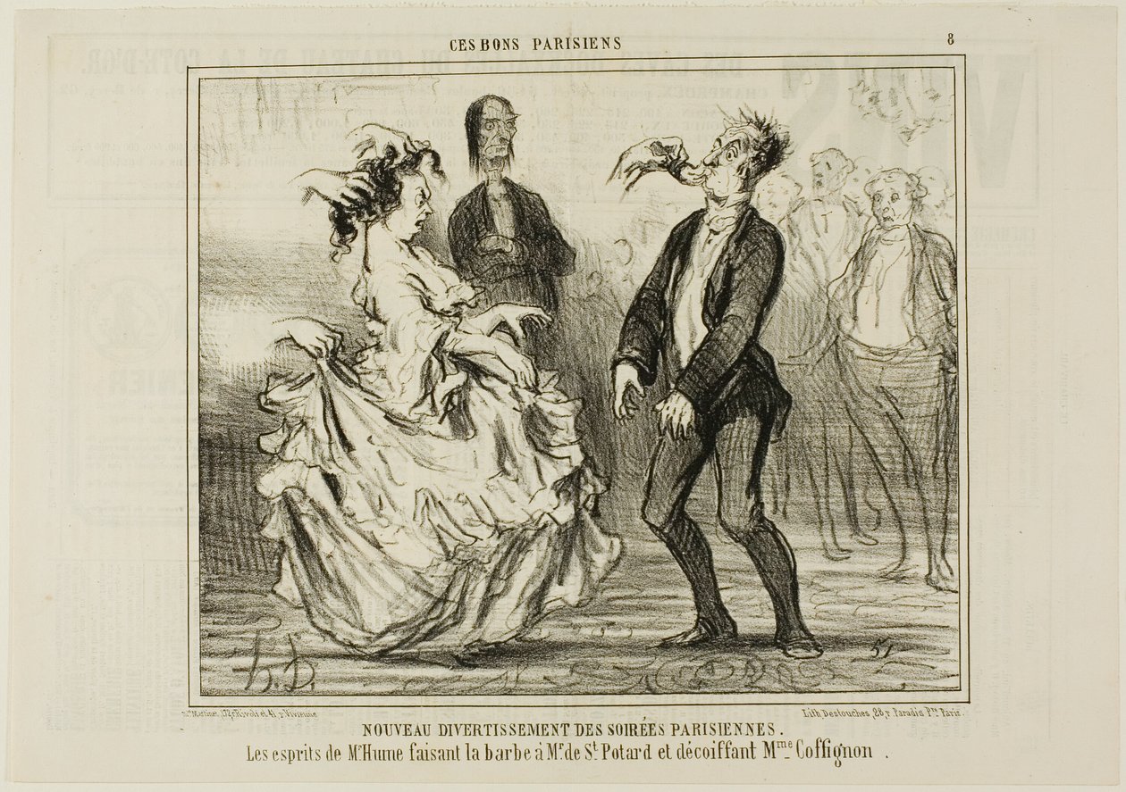 Nieuw vermaak op de Parijse avondfeesten. De geest van Mr. Hume die de baard van Monsieur de St. Potard scheert en het haar van Madame Coffignon losmaakt, plaat 8 uit Ces Bons Parisiens door Honoré Victorin Daumier