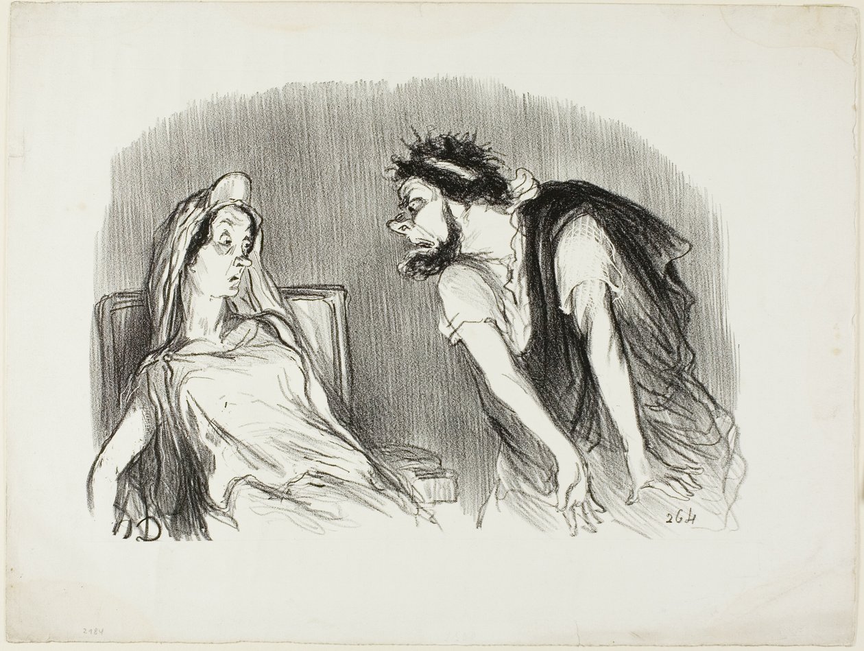 Oedipe. "- Toen mijn zwaard in zijn bloedende hart sneed - U beeft Madame - Toen viel de wereld uit elkaar," plaat tien uit Physionomies tragiques door Honoré Victorin Daumier