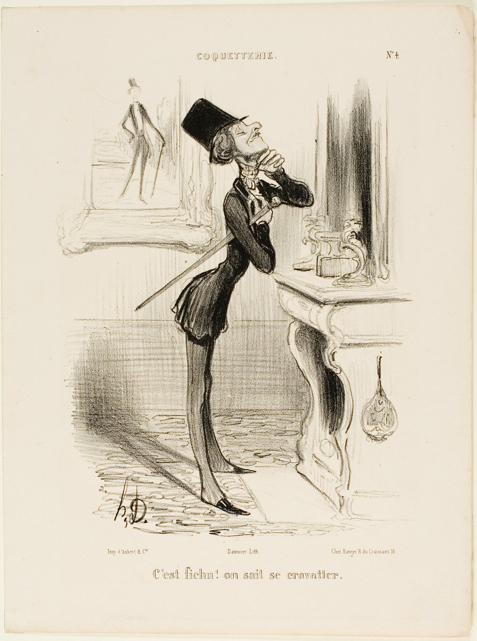 "Oh verdorie! Ik schijn geen knoop te kunnen leggen!" bord 4 van Coquetterie door Honoré Victorin Daumier