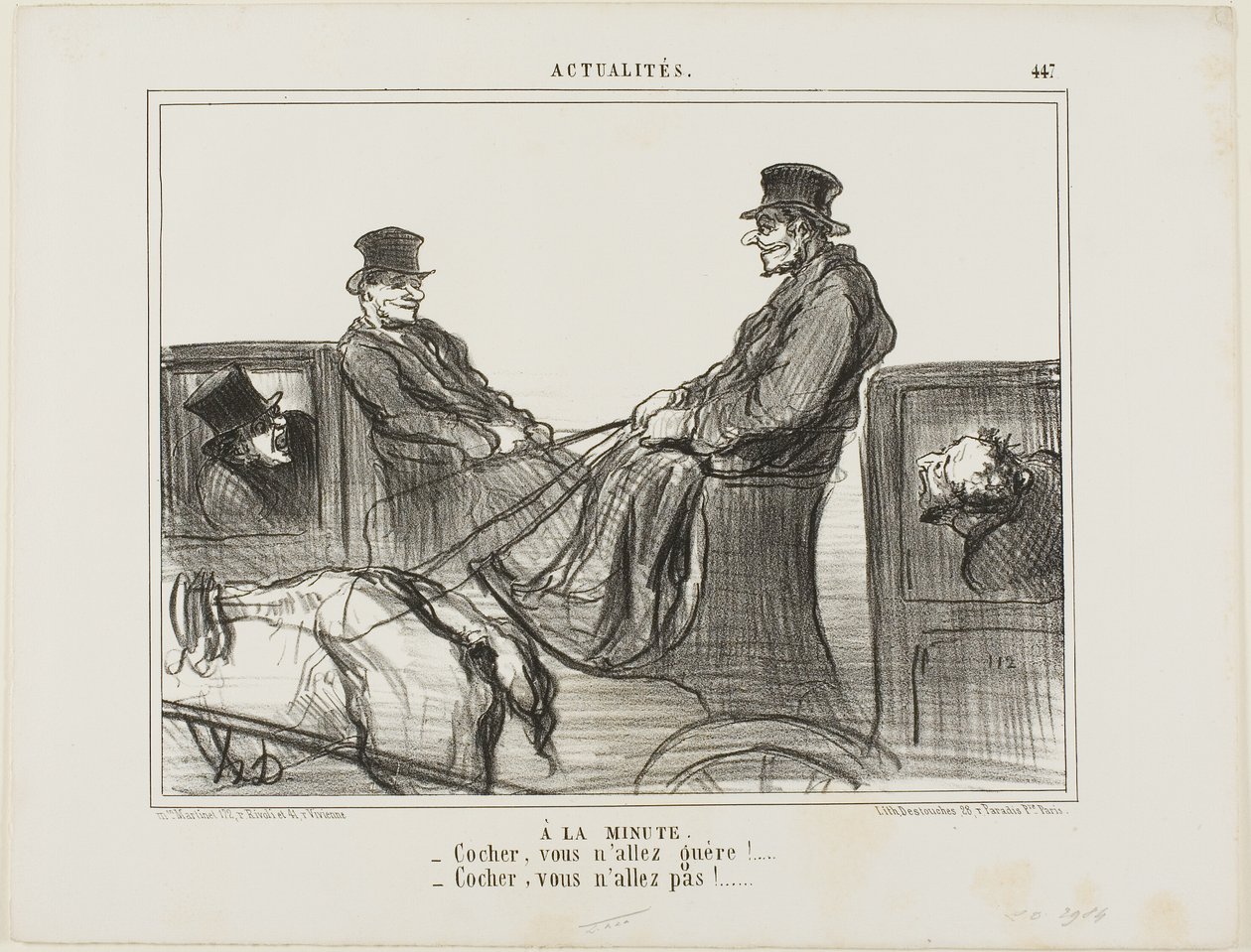 Betaald per minuut. "Chauffeur, u beweegt nauwelijks! - Chauffeur, u beweegt helemaal niet!" bord 447 van Actualités door Honoré Victorin Daumier
