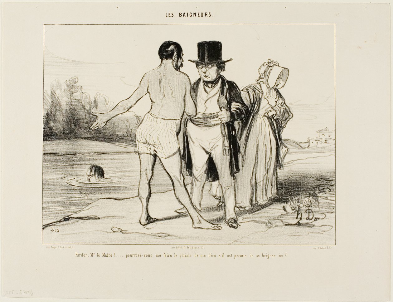 "Pardon, burgemeester ...., wilt u zo vriendelijk zijn om mij te vertellen of zwemmen hier is toegestaan", bord 25 van Les Baigneurs door Honoré Victorin Daumier
