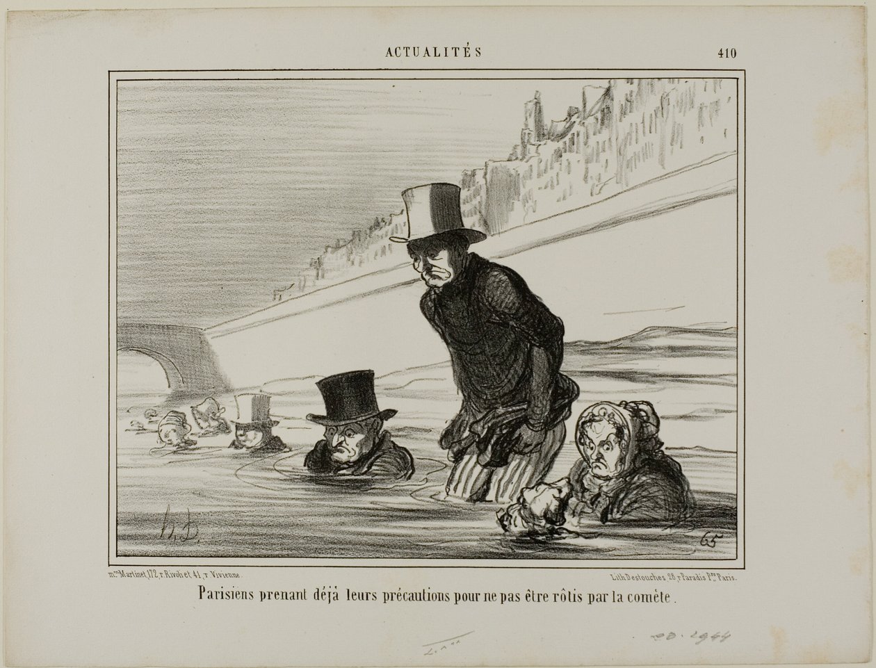 Parijzenaars nemen nu al voorzorgsmaatregelen om niet geroosterd te worden door de komeet, plaat 410 uit Actualités door Honoré Victorin Daumier