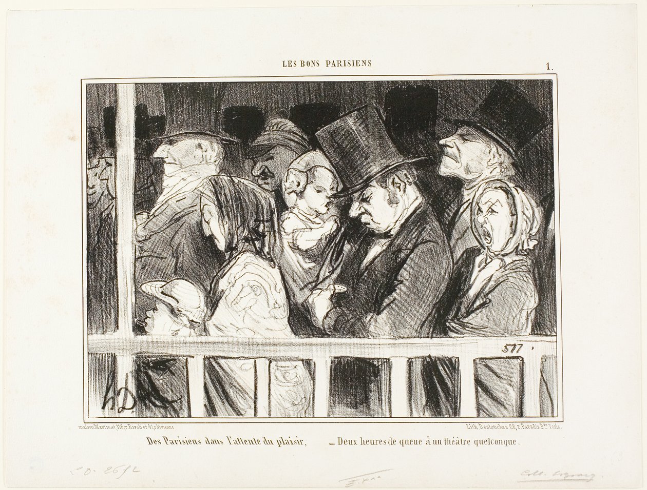 Parijzenaars die zin hebben in plezier. Twee uur in de rij staan voor elk theater in de stad, bord 1 van Les Bons Parisiens door Honoré Victorin Daumier