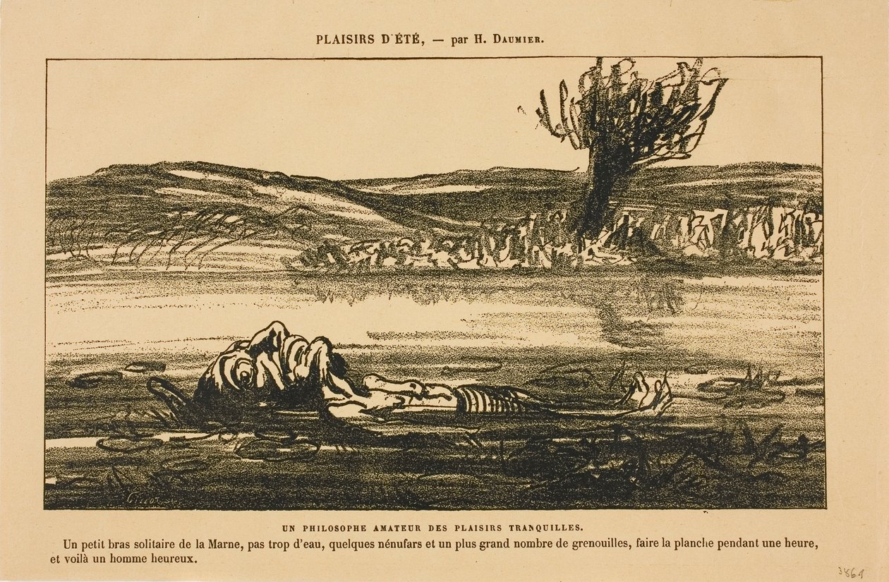 Filosofische overpeinzingen van een liefhebber van stille genoegens. Een uur op de rug drijven in een rustige zijrivier van de Marne met weinig water, wat waterlelies en veel kikkers: daar wordt een mens gelukkig van!, uit Les Baigneurs door Honoré Victorin Daumier