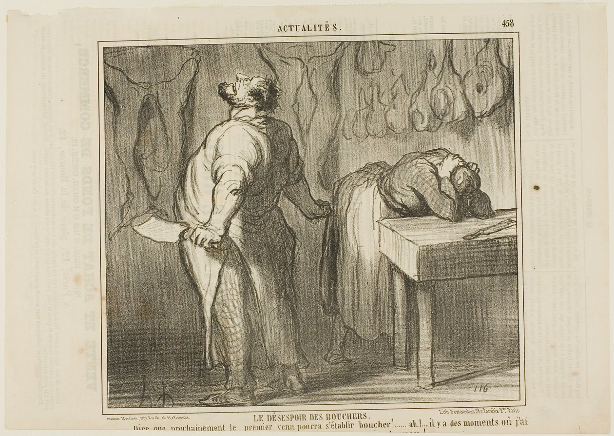 De wanhoop van de slager. "- Stel je voor: Iedereen kan zich als slager vestigen! Ah! Er zijn momenten dat ik zin heb om mijn vleeshakmes te pakken en mezelf in twee helften te snijden als een simpel kalfsvlees," plaat 458 uit Actualités door Honoré Victorin Daumier